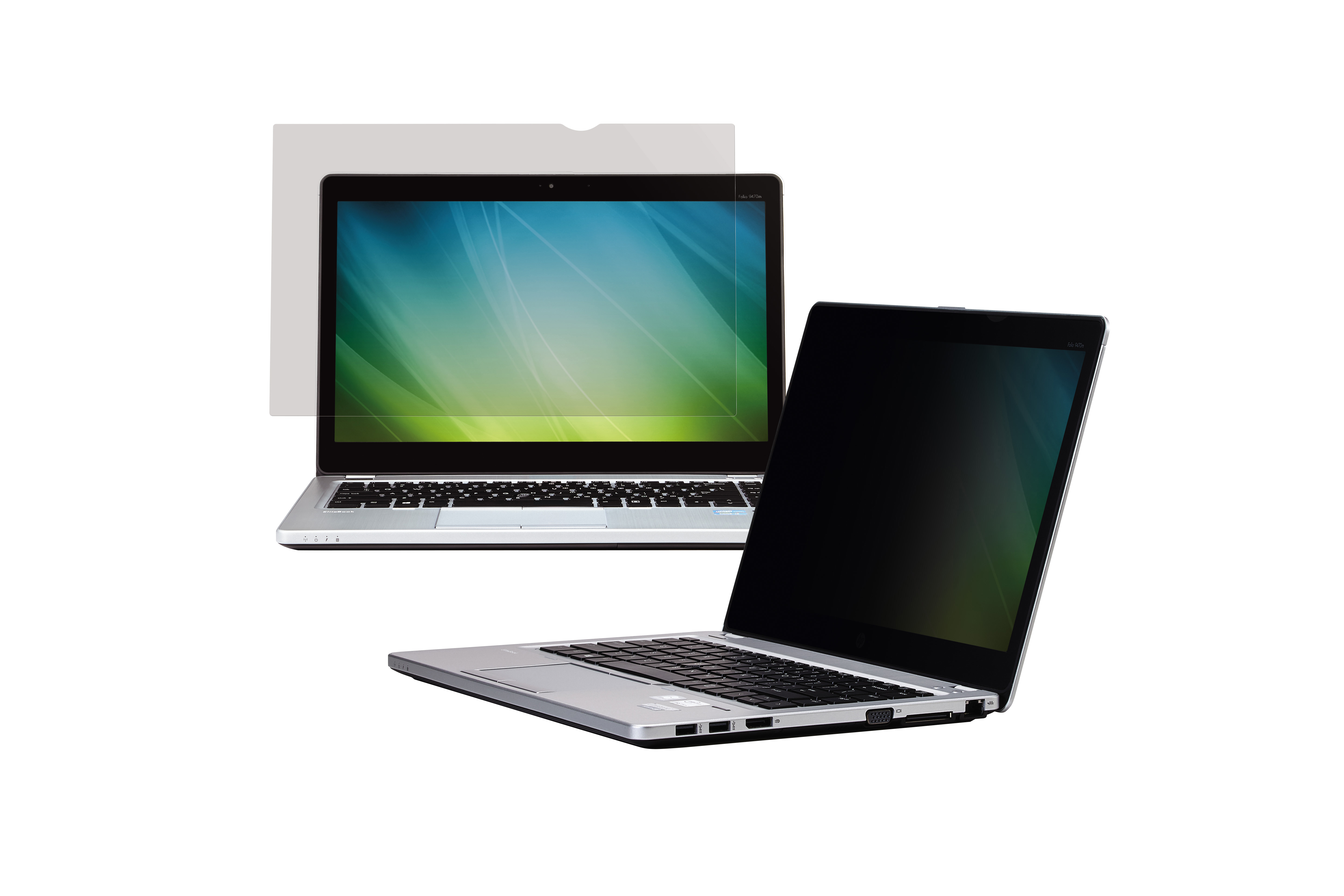 Zwei Laptops, einer mit Sichtschutz. Ein Laptop ist geöffnet und zeigt den Bildschirm.