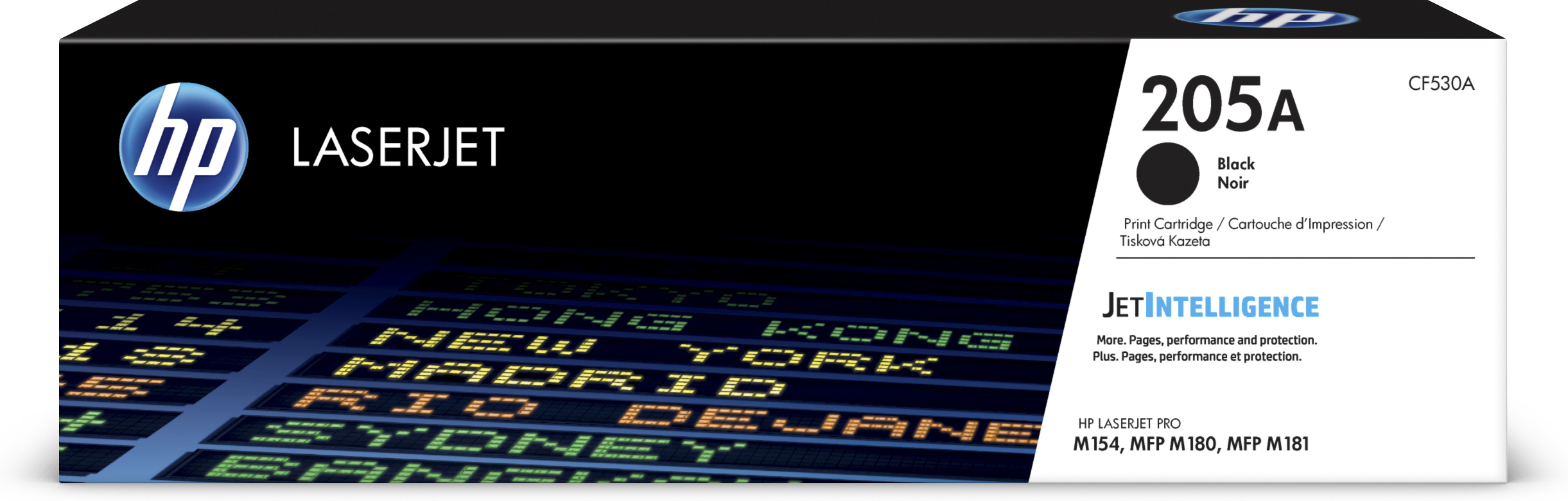 Ein schwarzer HP LaserJet Tonerkartuschenkarton mit Text und Weltkartenhintergrund.