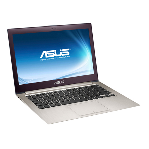 Ein ASUS-Laptop auf weißem Hintergrund. Der Bildschirm zeigt das ASUS-Logo auf einem blauen Farbverlauf.