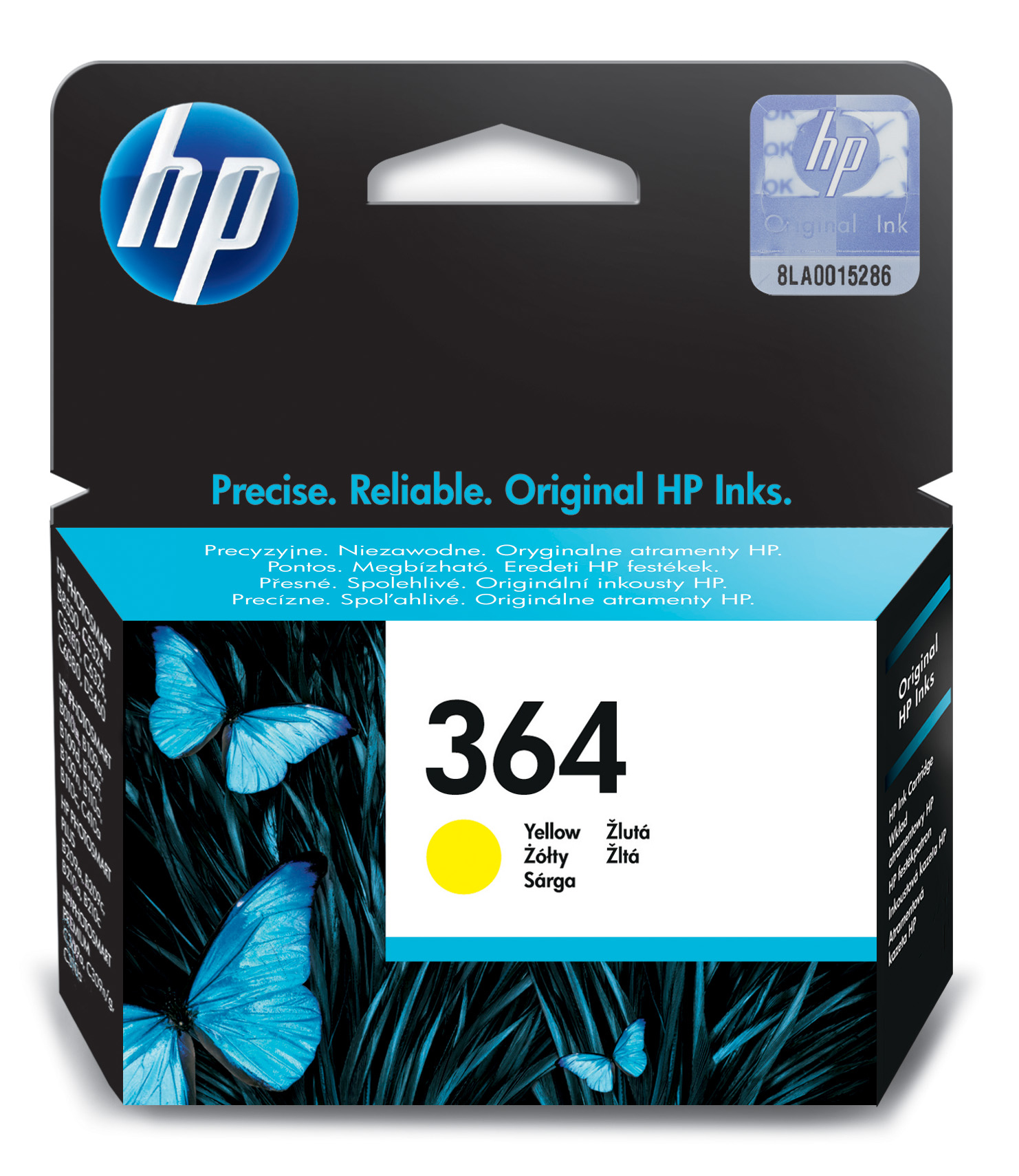 Gelbe HP 364 Tintenpatronenbox mit Schmetterlingen auf weißem Hintergrund.