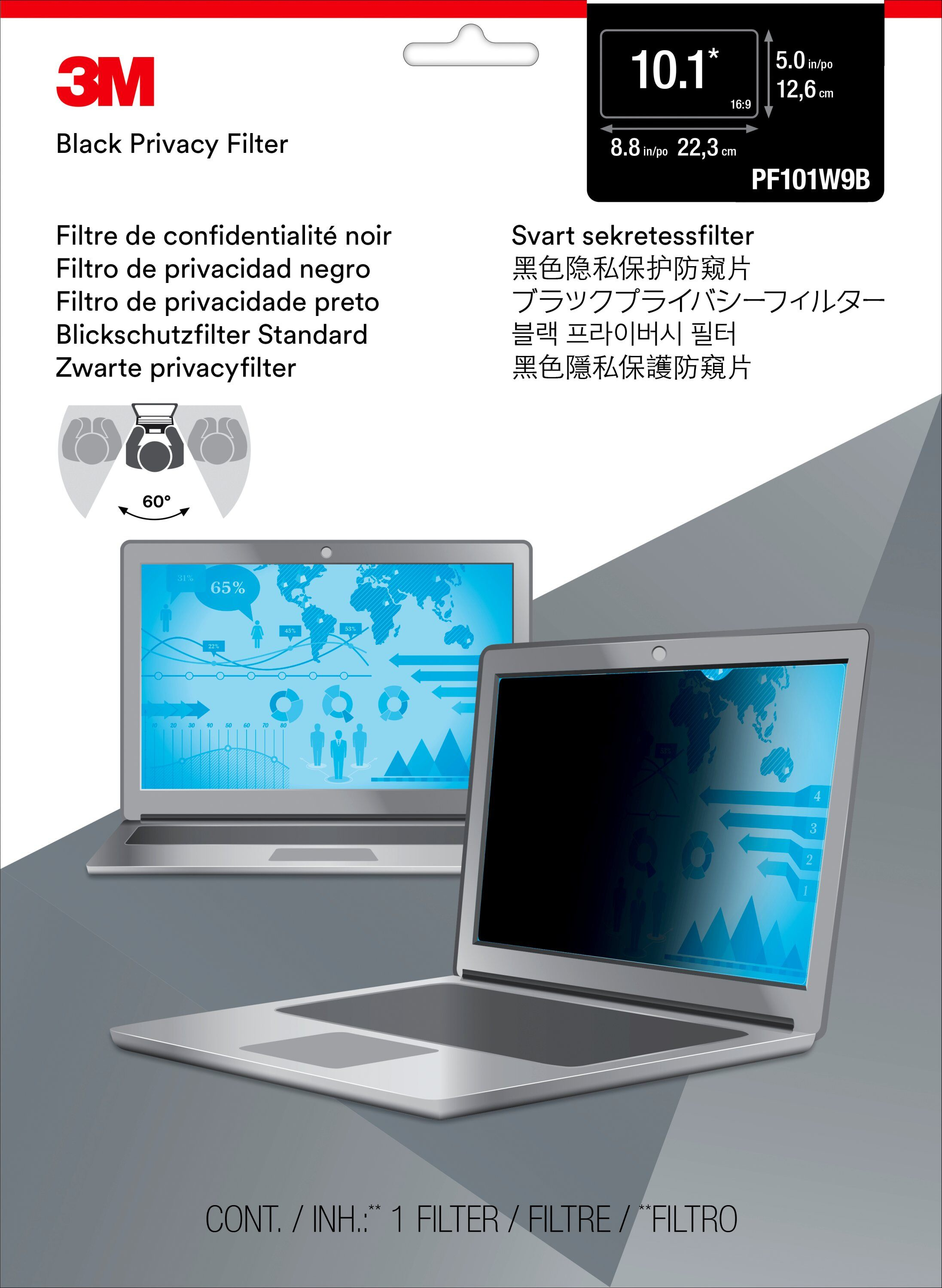 3M PF101W9B Blickschutzfilter Standard für Notebooks 25,7 cm Weit (entspricht 10,1" Weit) 16:9, Schwarz