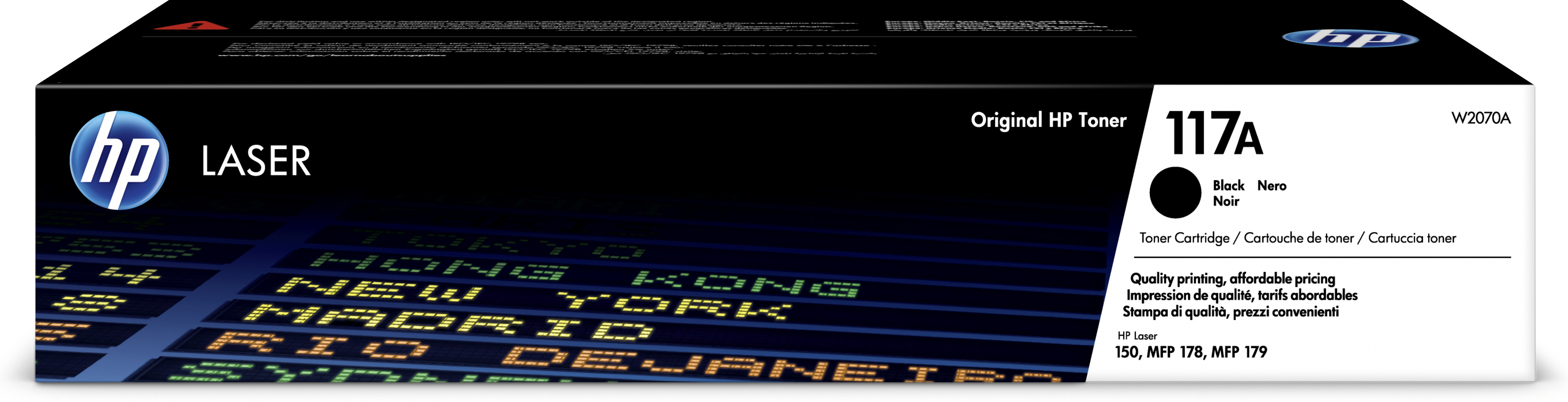 Eine schwarze Samsung Tonerkartuschenbox. Die Box hat weißen Text. Der Hintergrund ist dunkelblau mit Städtenamen.