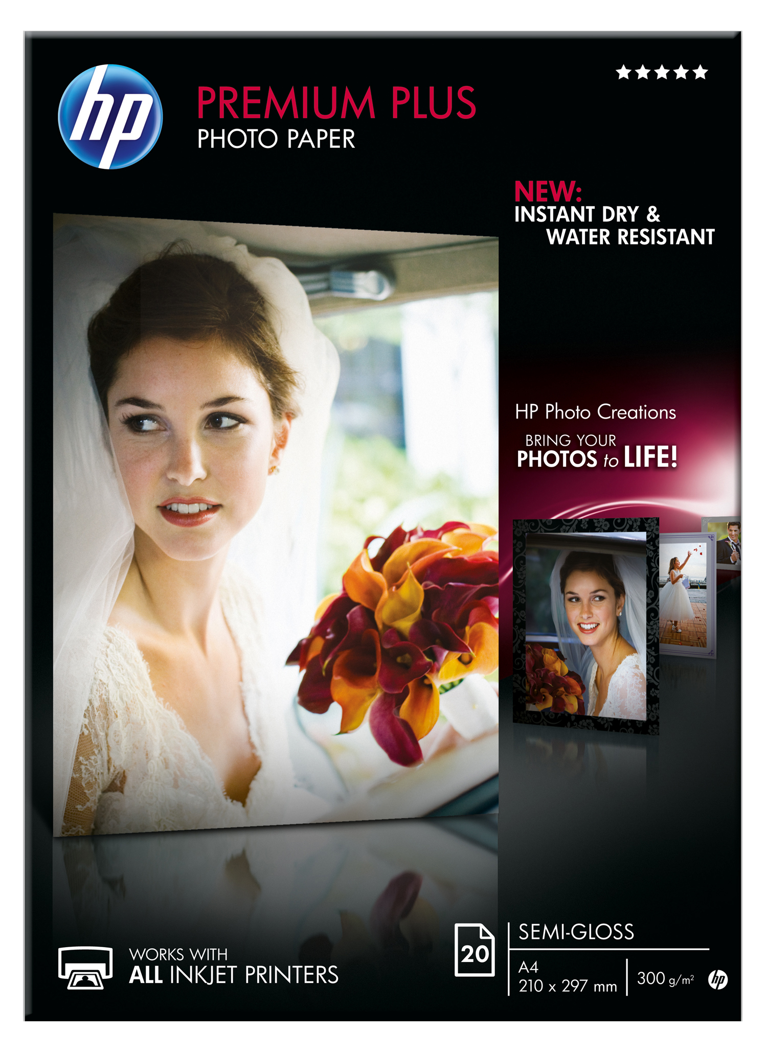 Une mariée en robe blanche tient un bouquet. Une publicité pour du papier photo HP est affichée à droite.