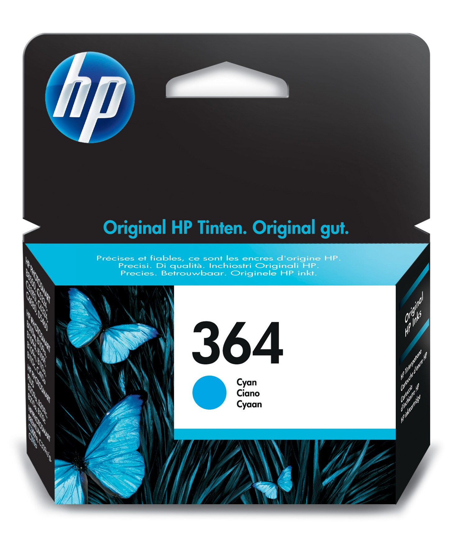 HP Tintenpatrone mit blauen Schmetterlingen und der Farbe Cyan, und dem HP-Logo.