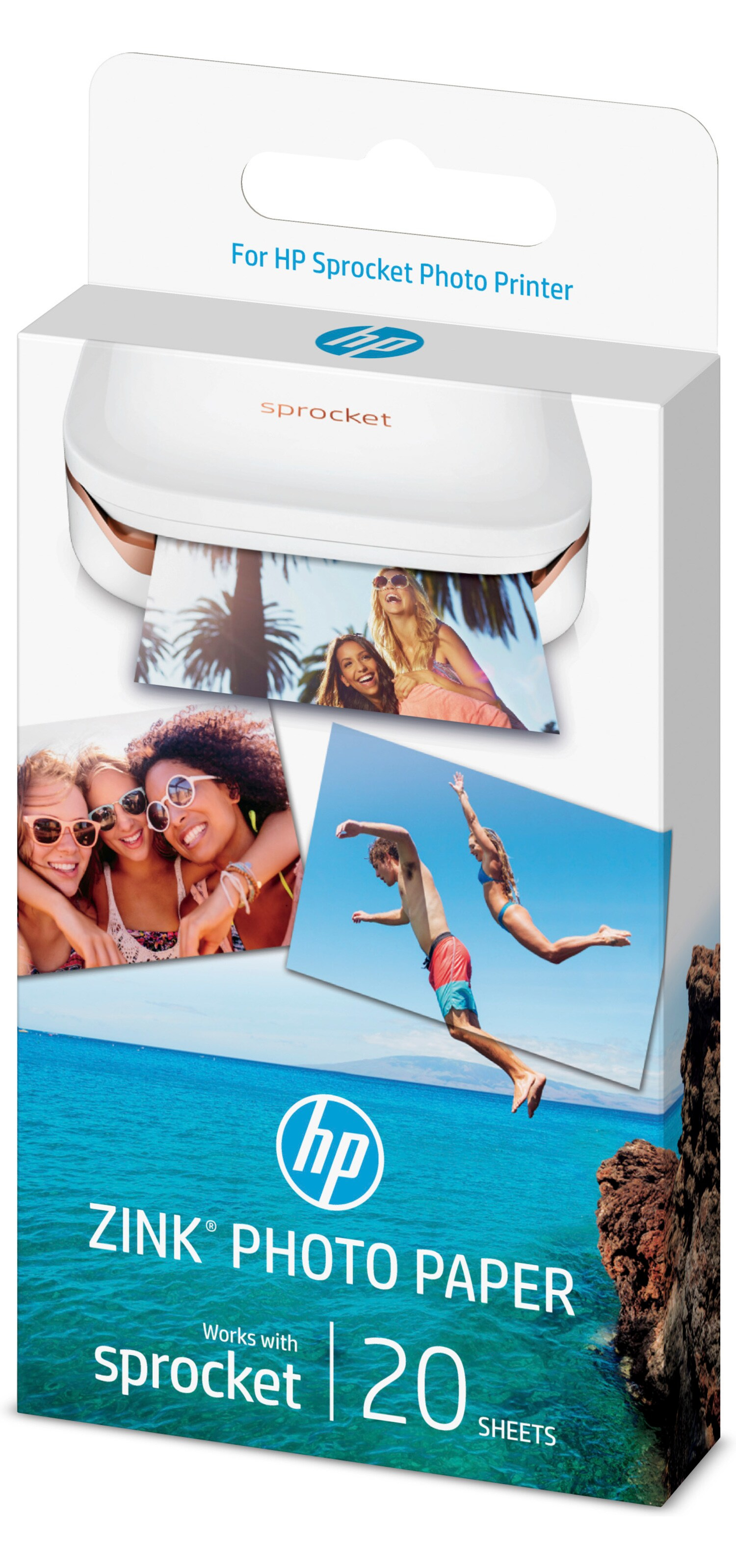 Box mit ZINK-Fotopapier mit HP Sprocket-Fotodrucker vor einer Strandszene.