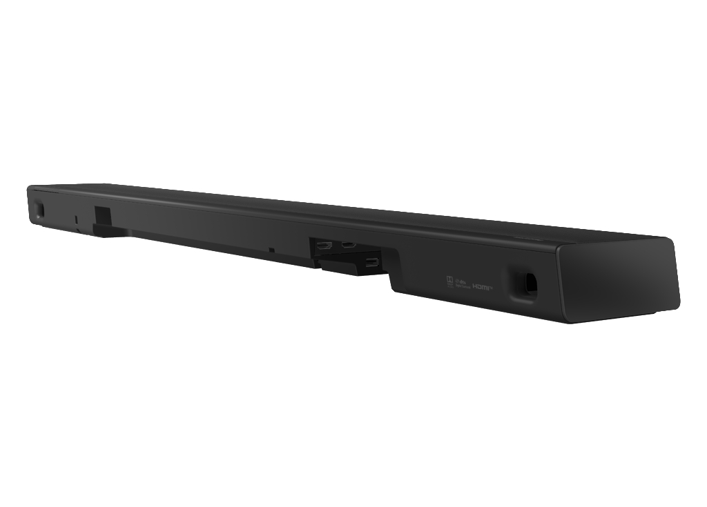 Eine schwarze Soundbar auf weißem Hintergrund. Sie hat eine schlanke, rechteckige Form mit Anschlüssen auf der Rückseite.