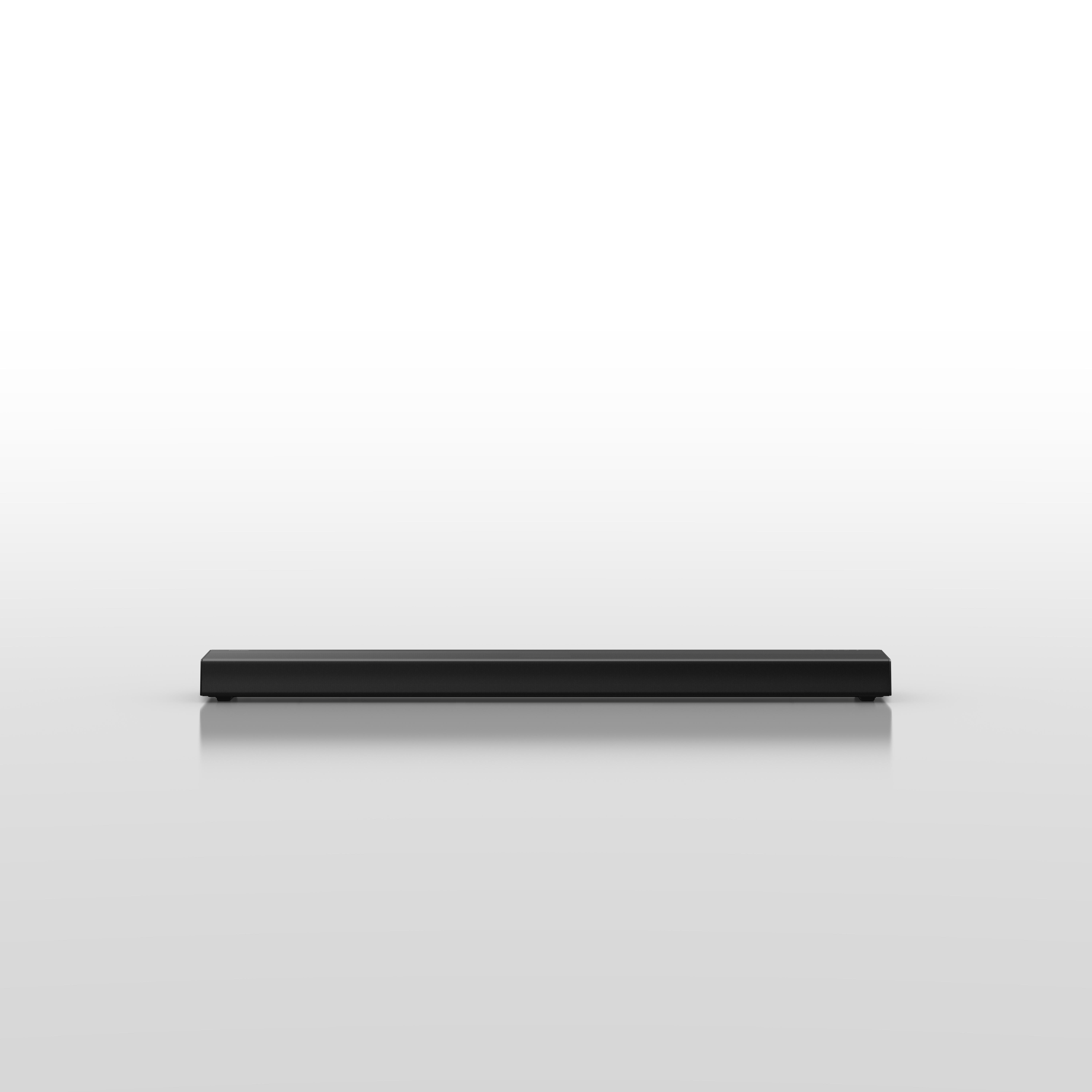 Eine schwarze Soundbar auf einem weißen und grauen Farbverlaufshintergrund.