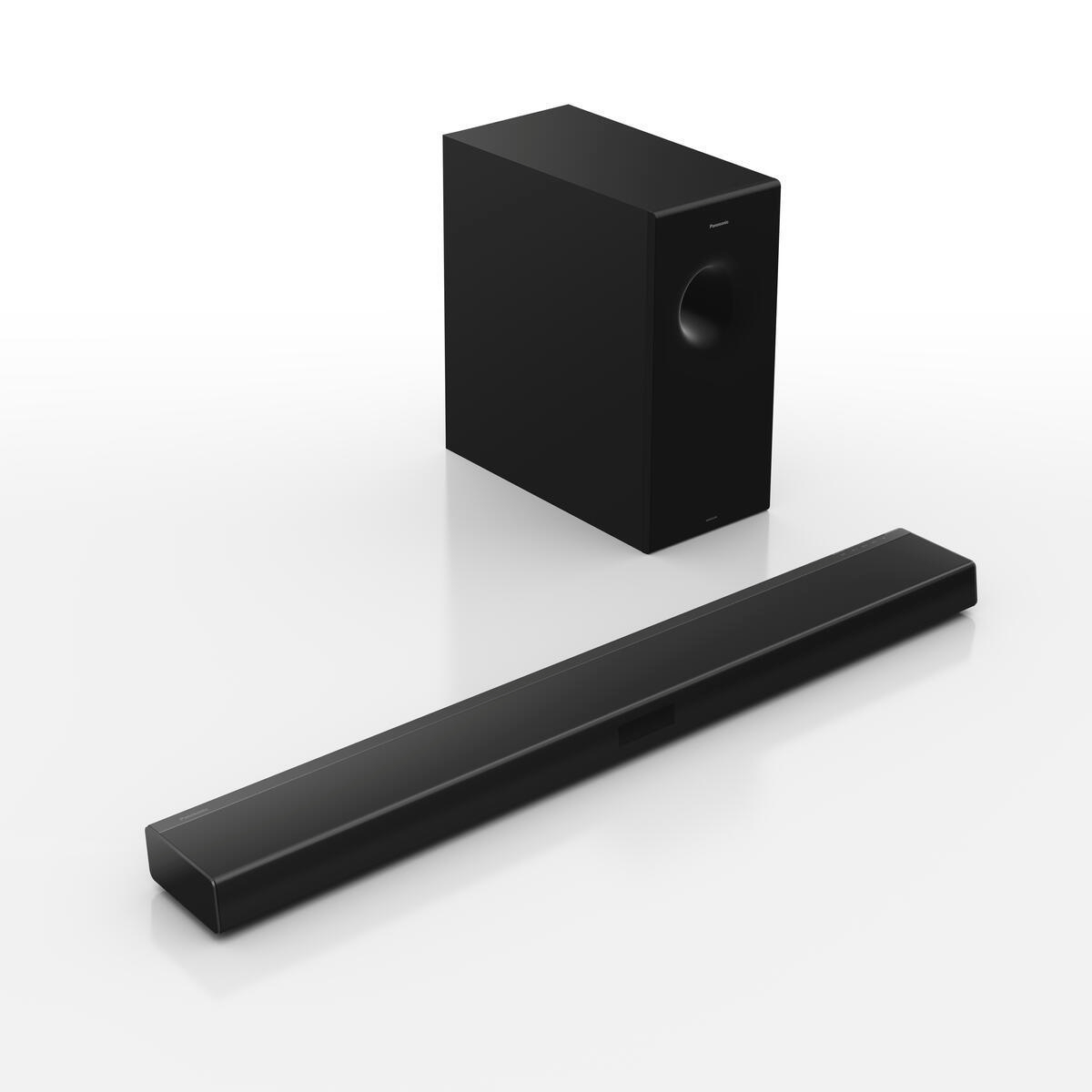 Ein schwarzes Soundbar- und Subwoofer-Set auf einer weißen Oberfläche.