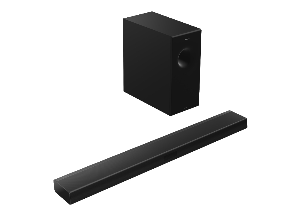 Schwarzes Soundbar- und Subwoofer-Set, auf weißem Hintergrund.