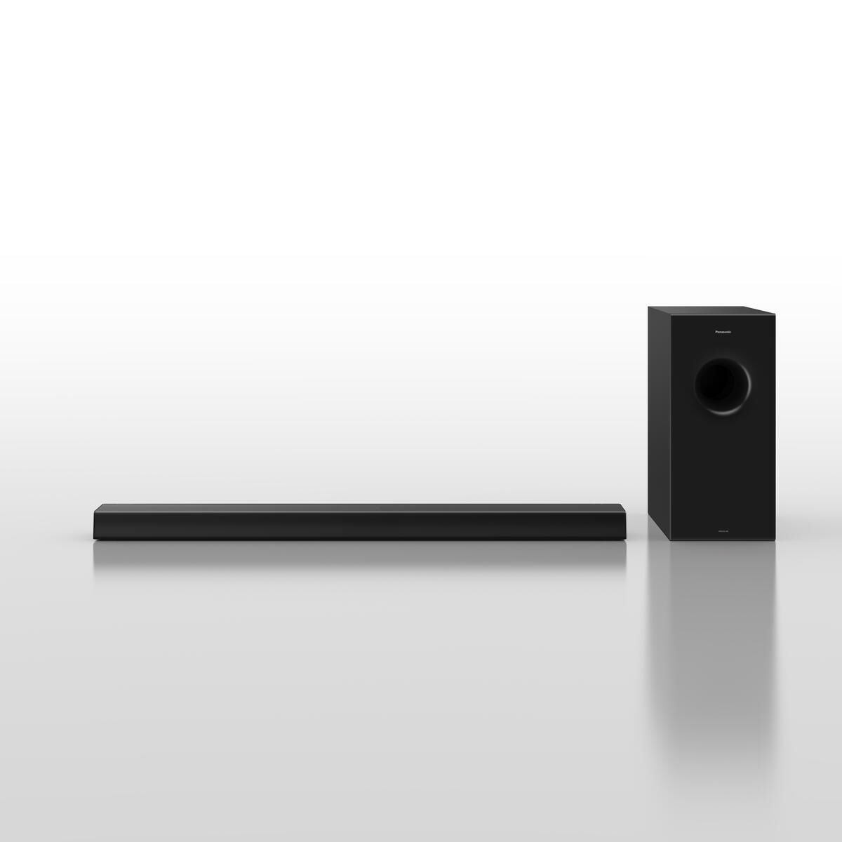 Schwarzes Soundbar- und Subwoofer-Set. Weißer Hintergrund, modernes Design.