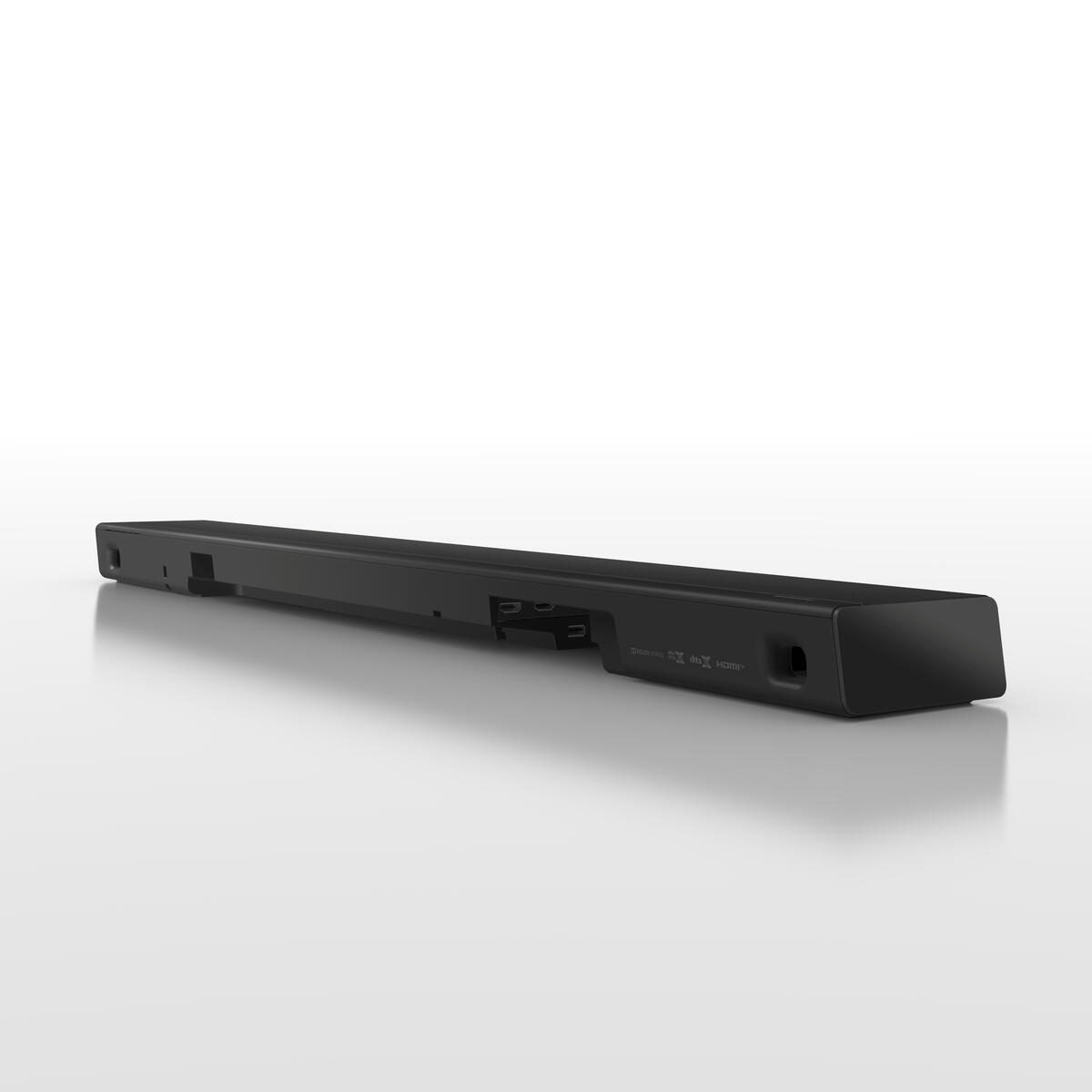 Eine elegante, schwarze Soundbar auf weißer Oberfläche, seitlich abgewinkelt, schlichter Hintergrund.