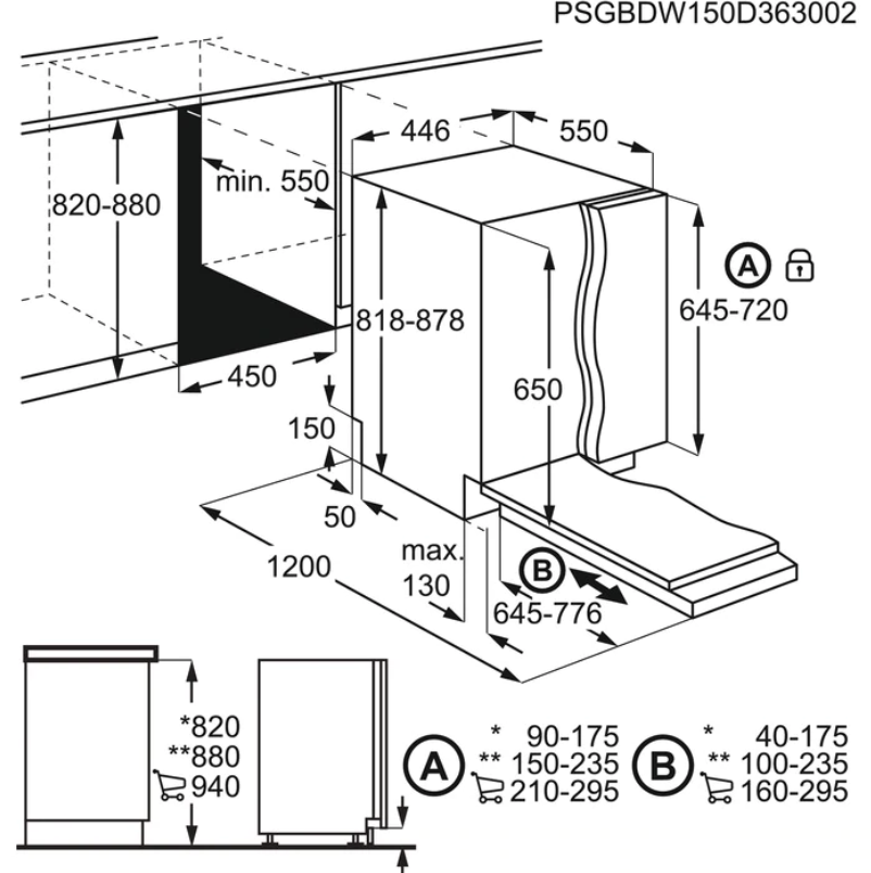 Mosogatógép diagramja méretekkel és feliratokkal, a telepítési részleteket mutatva.