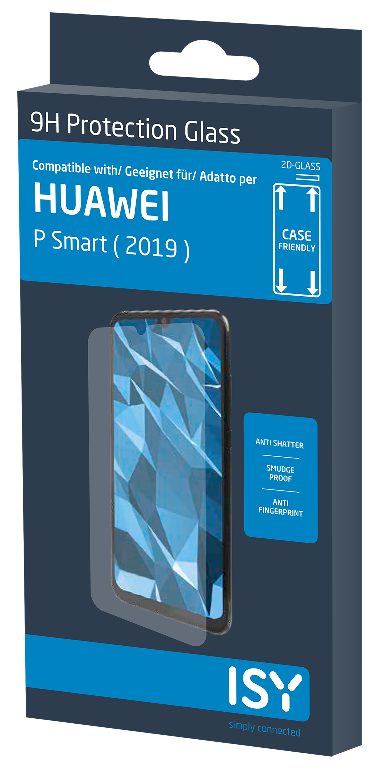 Verpakking voor een Huawei P Smart (2019) schermbeschermer. Doos met telefoonafbeelding.