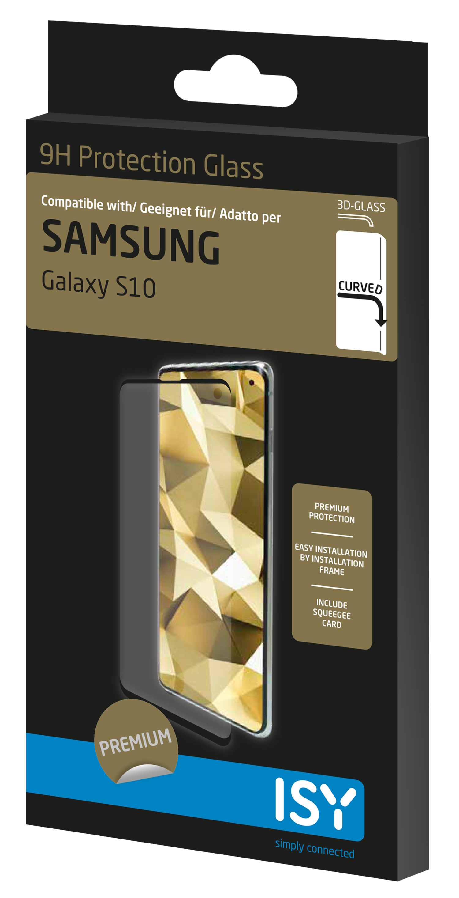 Zwarte en gouden telefoonbeschermingsdoos. Toont een telefoon met een gouden achtergrond.