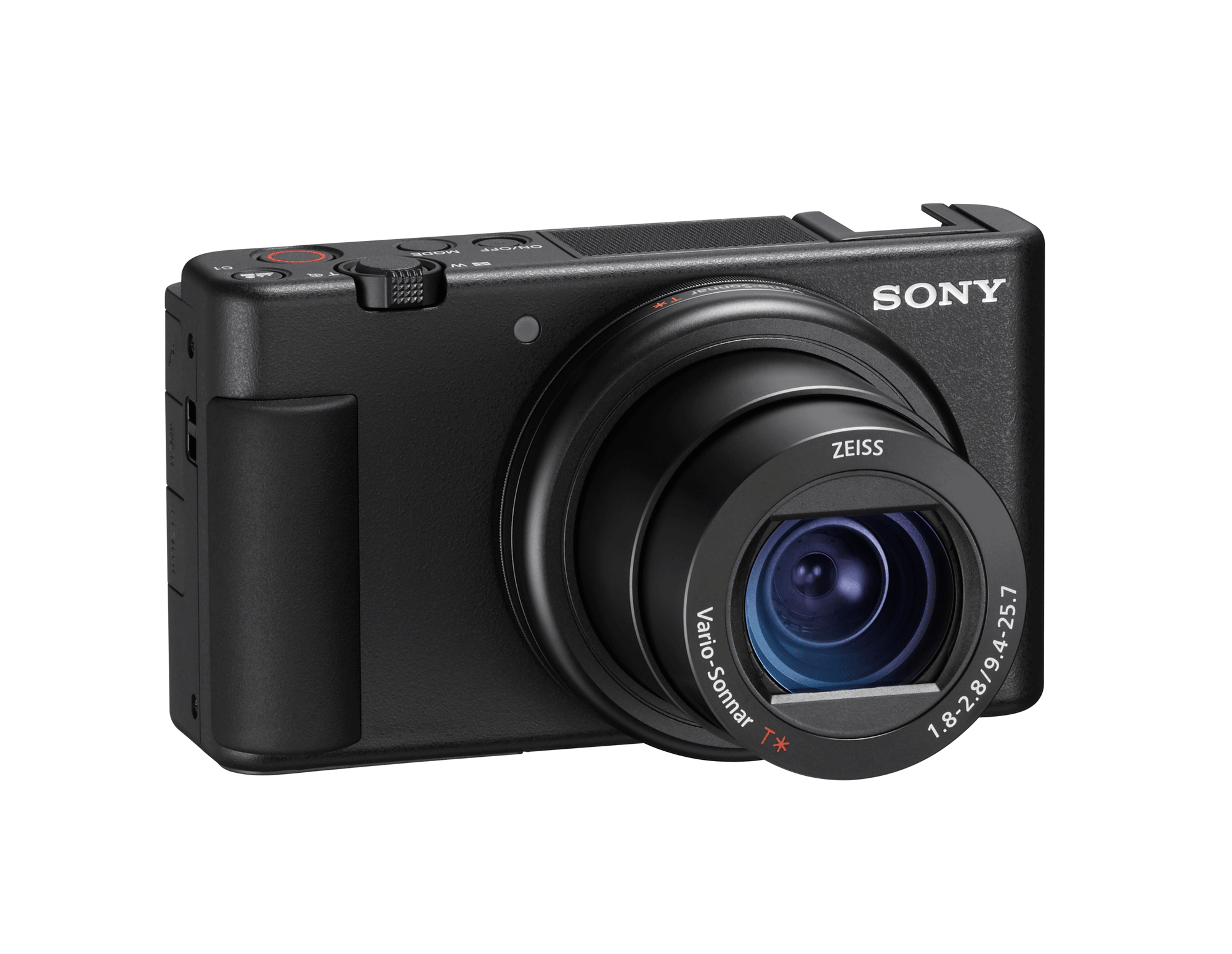 Black Sony camera with a ZEISS lens, and a white background.