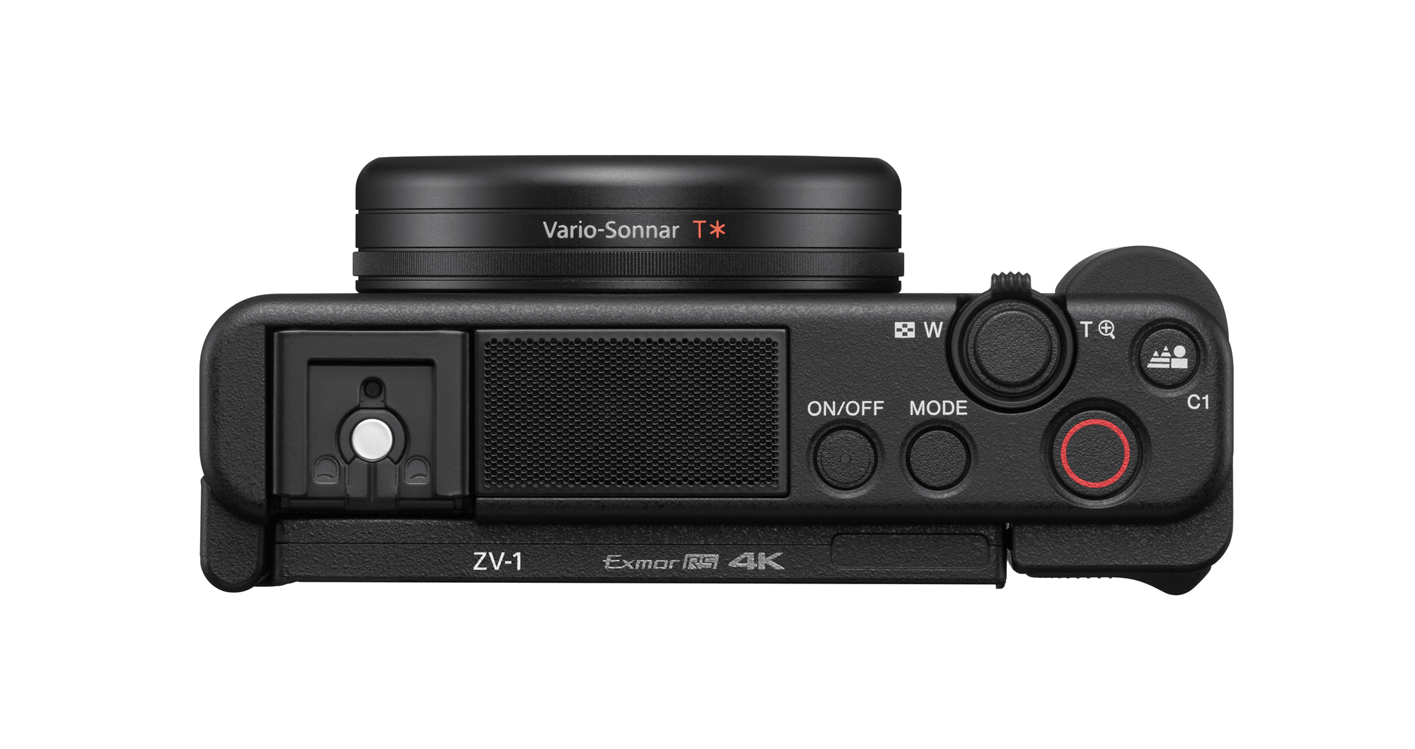 Black Sony ZV-1 camera, top view. Shows lens, buttons, and various controls.