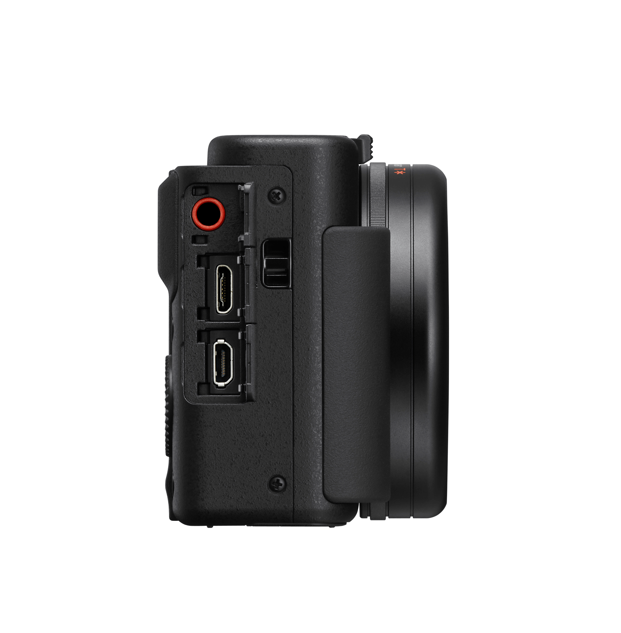 Side view of a black camera with ports. Includes a microphone input and charging/data port. Black.