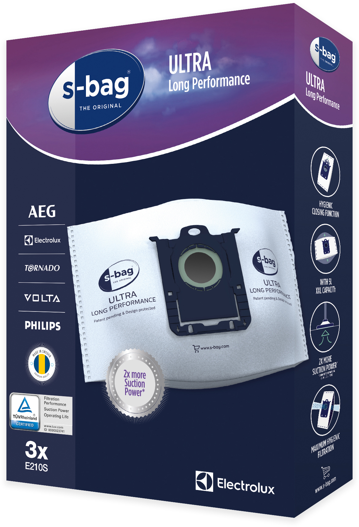 Egy s-bag porszívózsák csomag. Az s-bag logó és a termékinformációk láthatók.