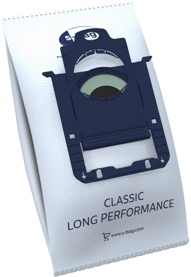 Porszívózsák sötétkék műanyag rátéttel, fehér szöveg: 'CLASSIC LONG PERFORMANCE', és logó.