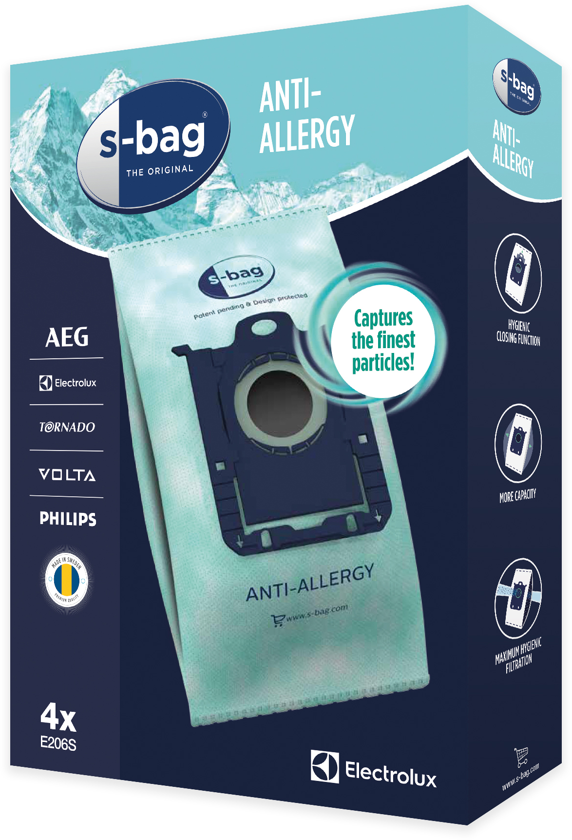 S-bag anti-allergén porszívózsák doboz szöveggel és grafikákkal.
