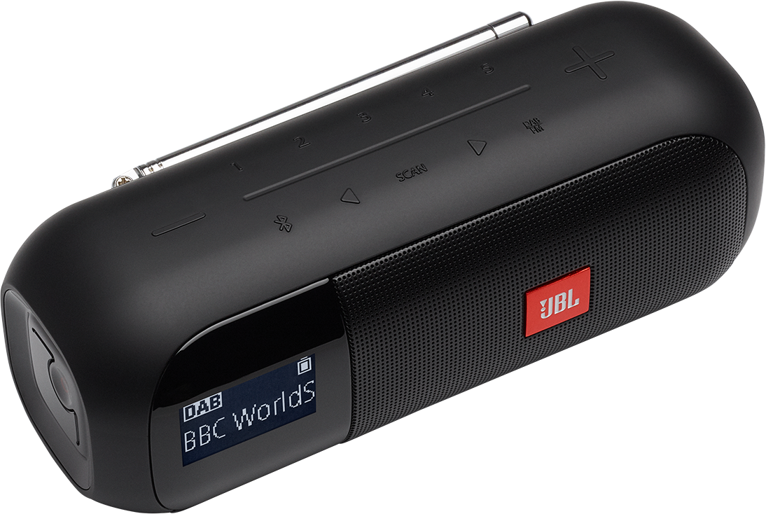 Altoparlante JBL nero, forma cilindrica, con pulsanti e display.