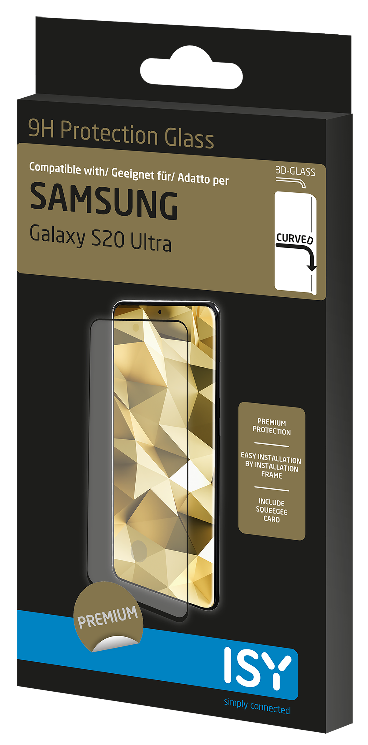 Doos met schermbeschermer voor een Samsung Galaxy S20 Ultra. De doos is zwart met gouden accenten.