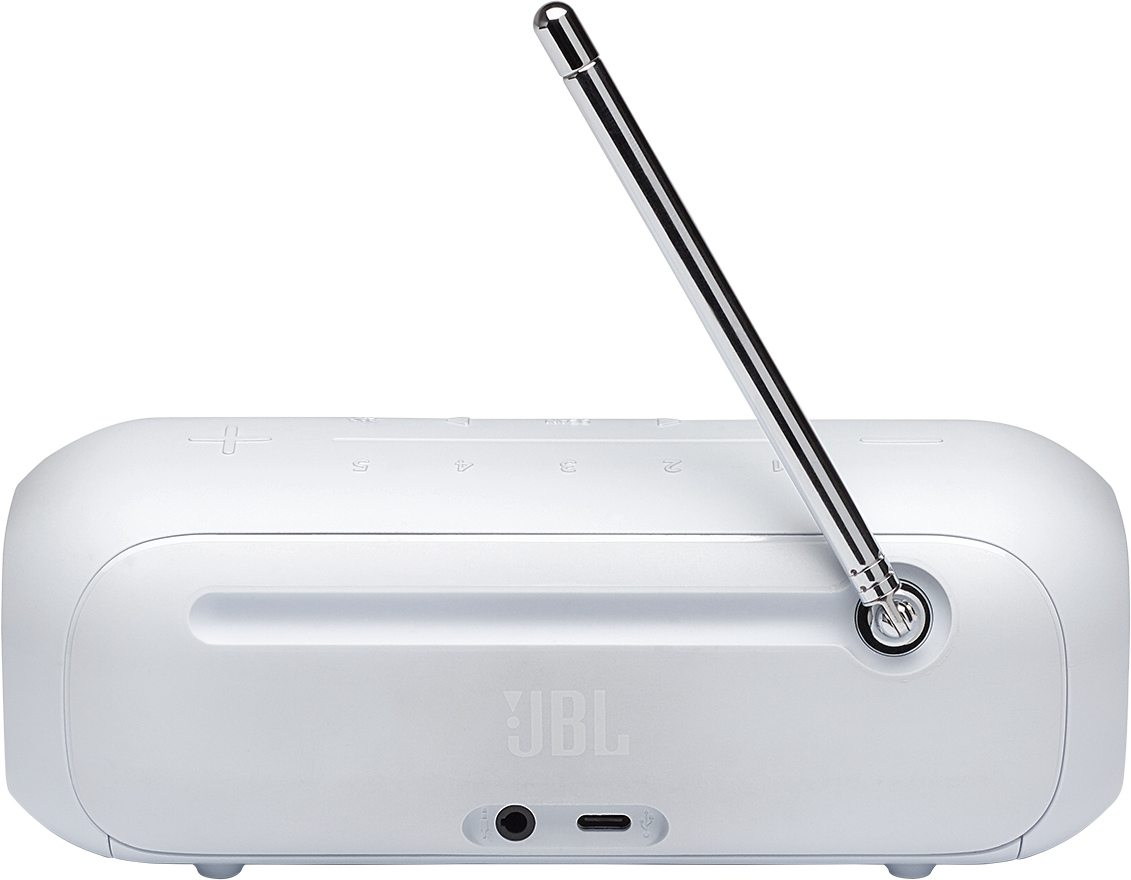 Radio JBL bianca con antenna estesa. Antenna argentata e logo sul fronte.