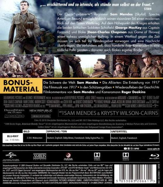 Blu-ray Cover mit Soldaten im Ersten Weltkrieg, Filmtitel und Bonusmaterial.