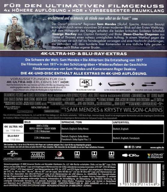 Filmcover mit Text über 1917, 4K UHD, Blu-ray, Ton- und Untertiteloptionen.