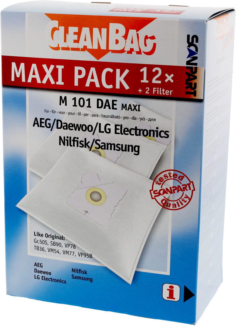 Porszívózsákok doboza, 'Clean Bag', 'Maxi Pack' és márkalogók.