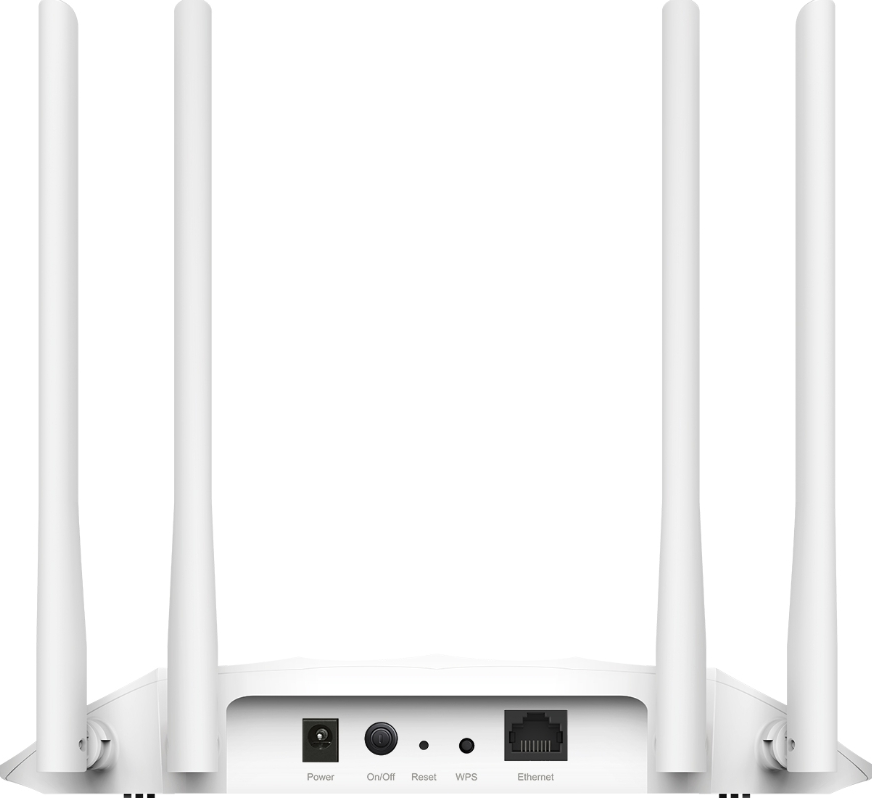 Weißer Router mit vier Antennen, Rückansicht, mit Anschlüssen für Strom, Ethernet und WPS.