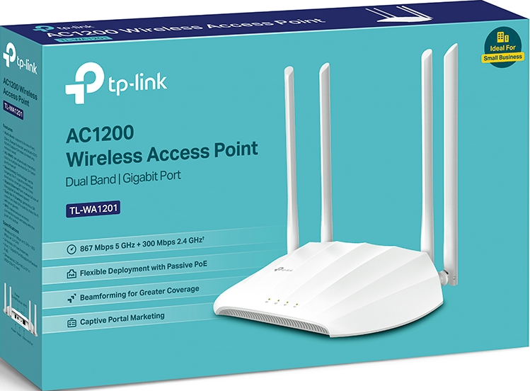 Weißer TP-Link AC1200 Wireless Access Point Router mit Antennen, blaue Box.
