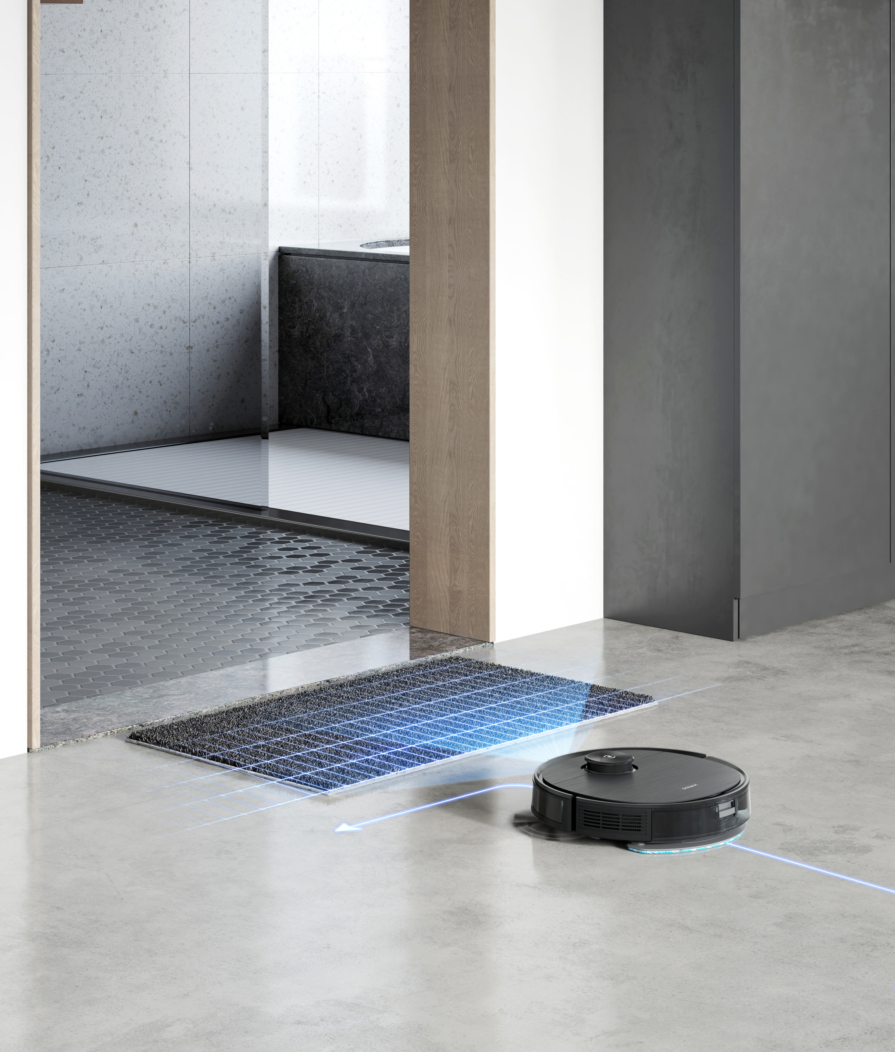Ein schwarzer Roboter-Staubsauger reinigt einen Boden. Pfeile zeigen den Reinigungspfad.