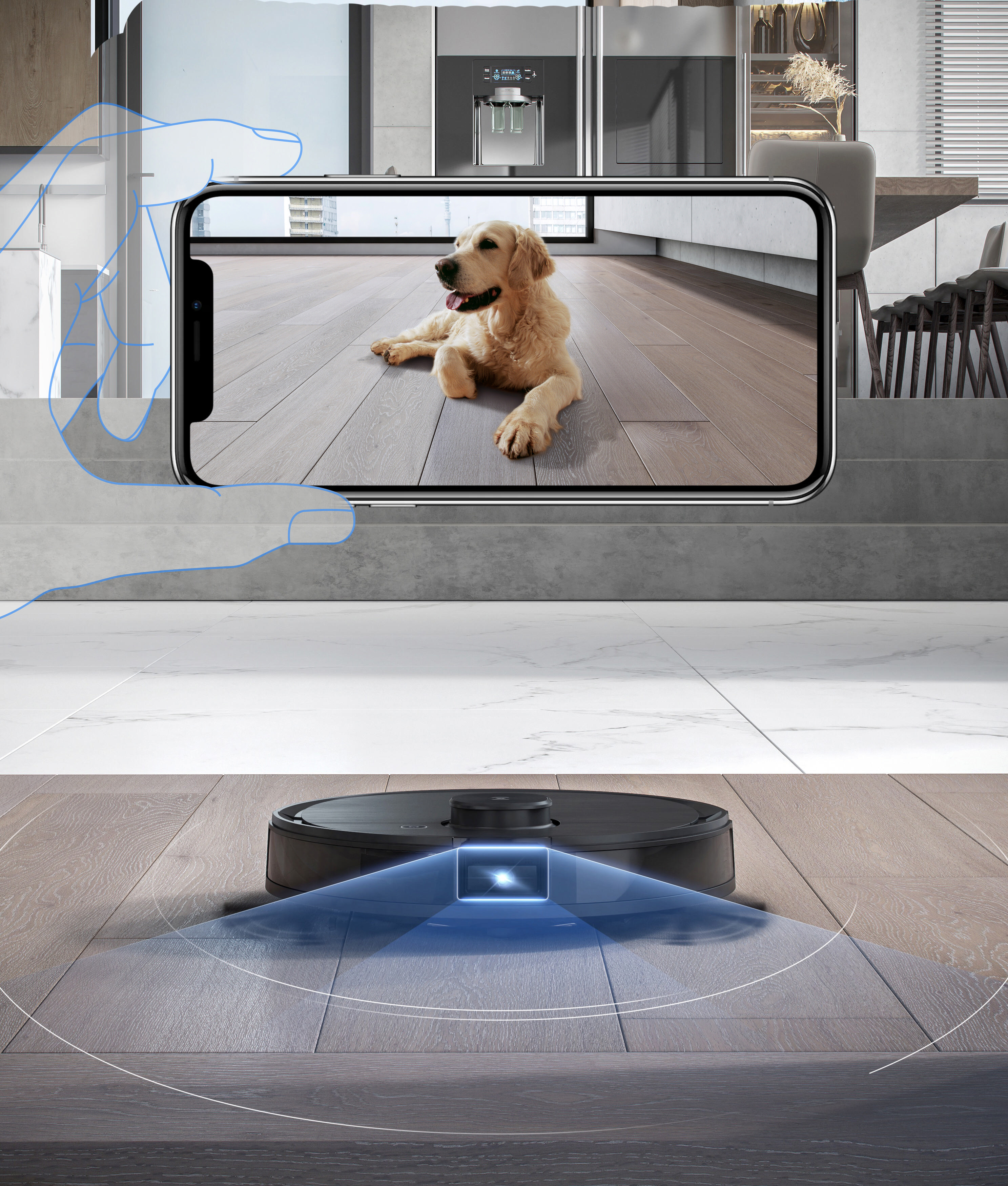 Ein Smartphone zeigt einen Golden Retriever Hund. Ein Roboter-Staubsauger ist unten auf dem Boden.