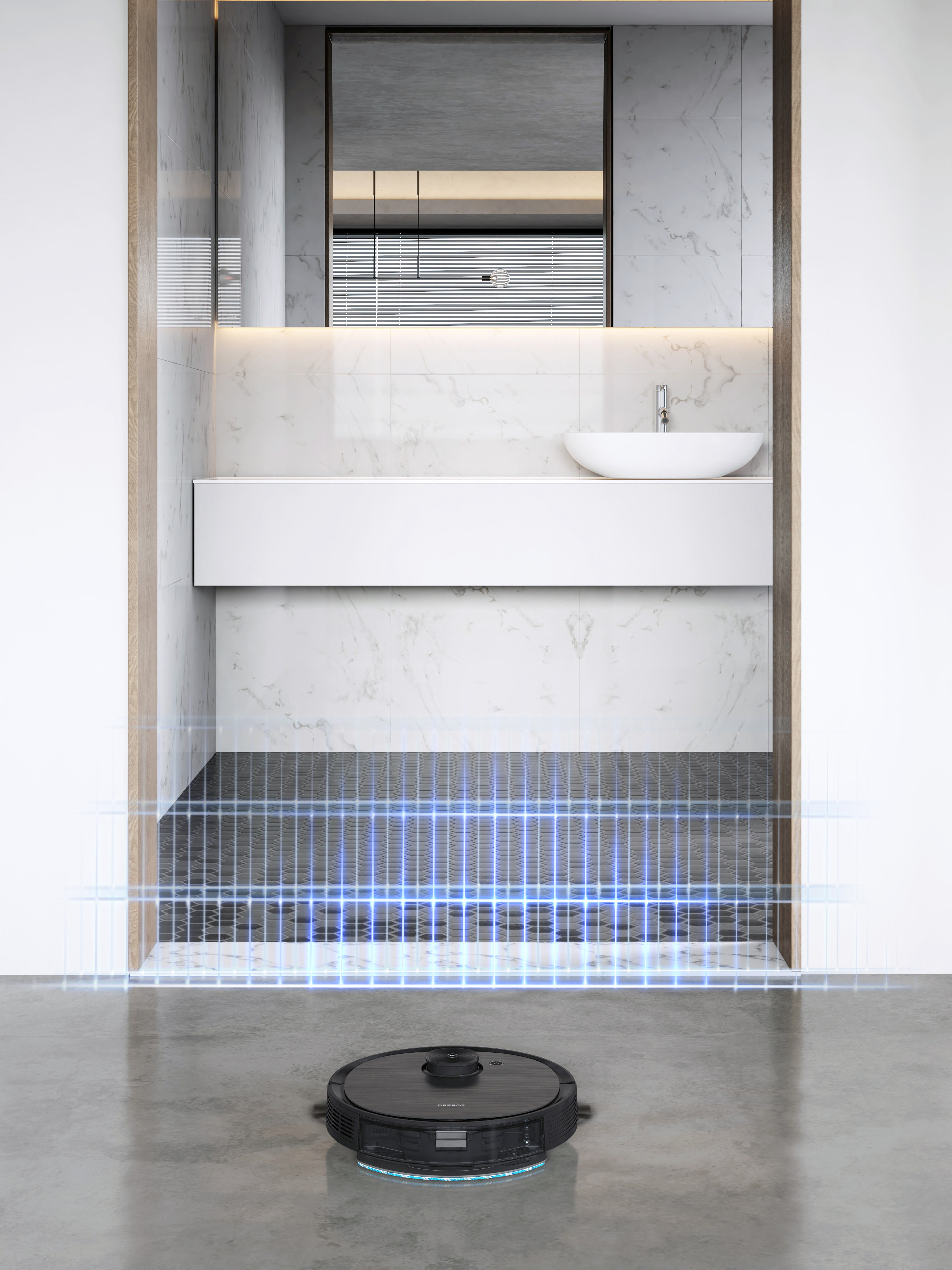 Ein Roboter-Staubsauger in einem modernen Badezimmer, mit einem weißen Waschbecken und Spiegel.