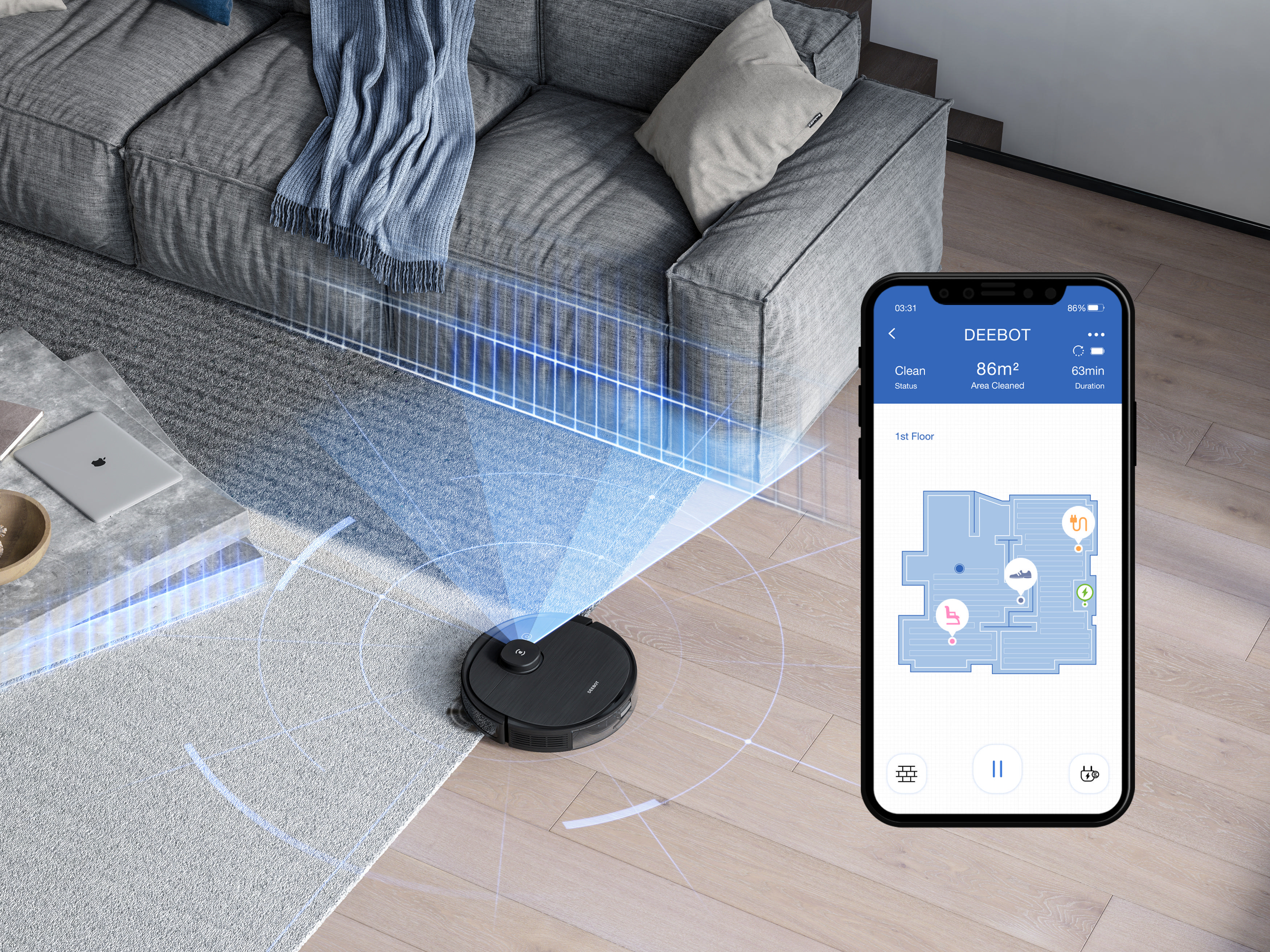 Roboterstaubsauger reinigt Wohnzimmer, Steuerung per Smartphone-App.