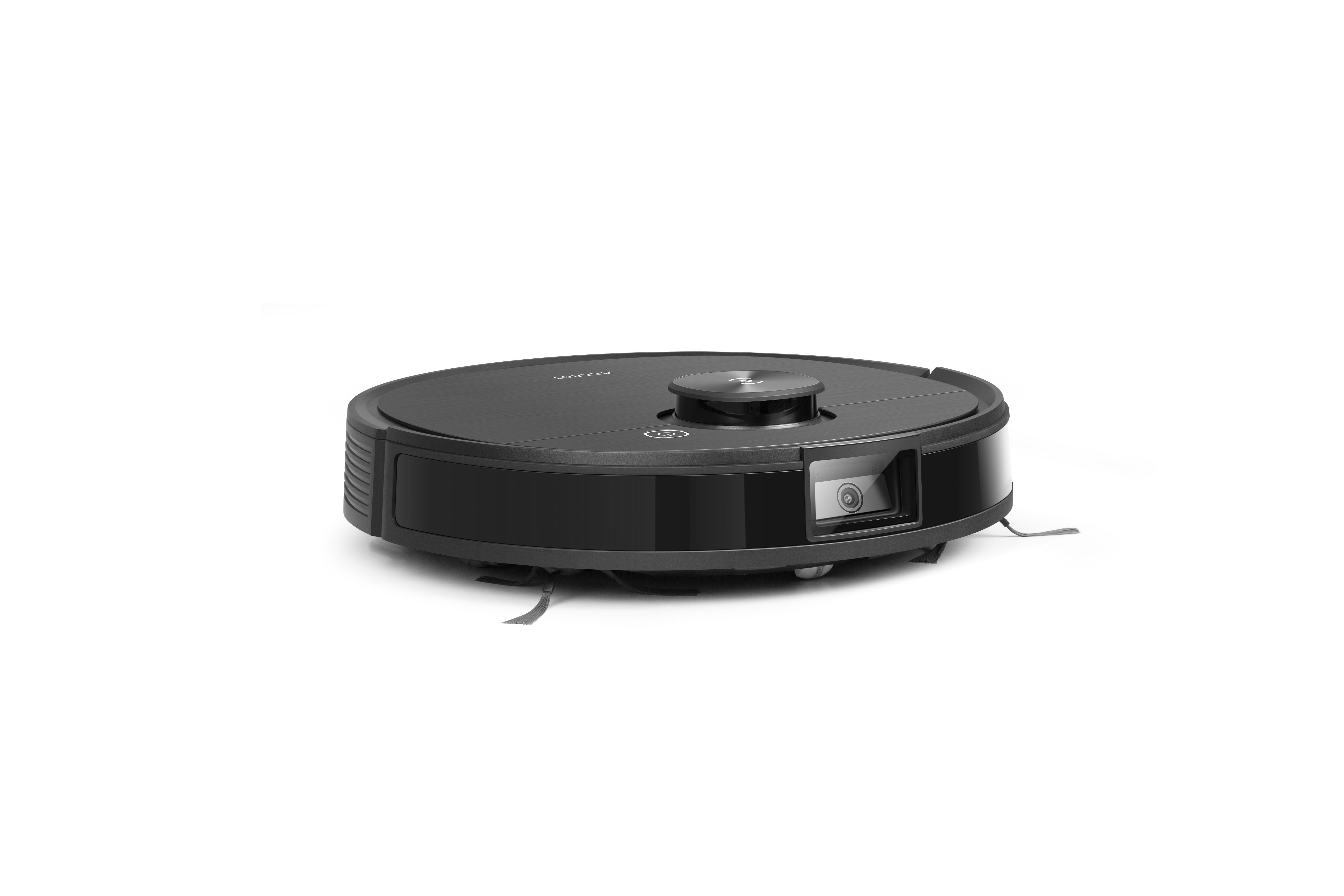 Ein schwarzer Roboter-Staubsauger auf weißem Hintergrund. Er hat eine Kamera und Sensoren.