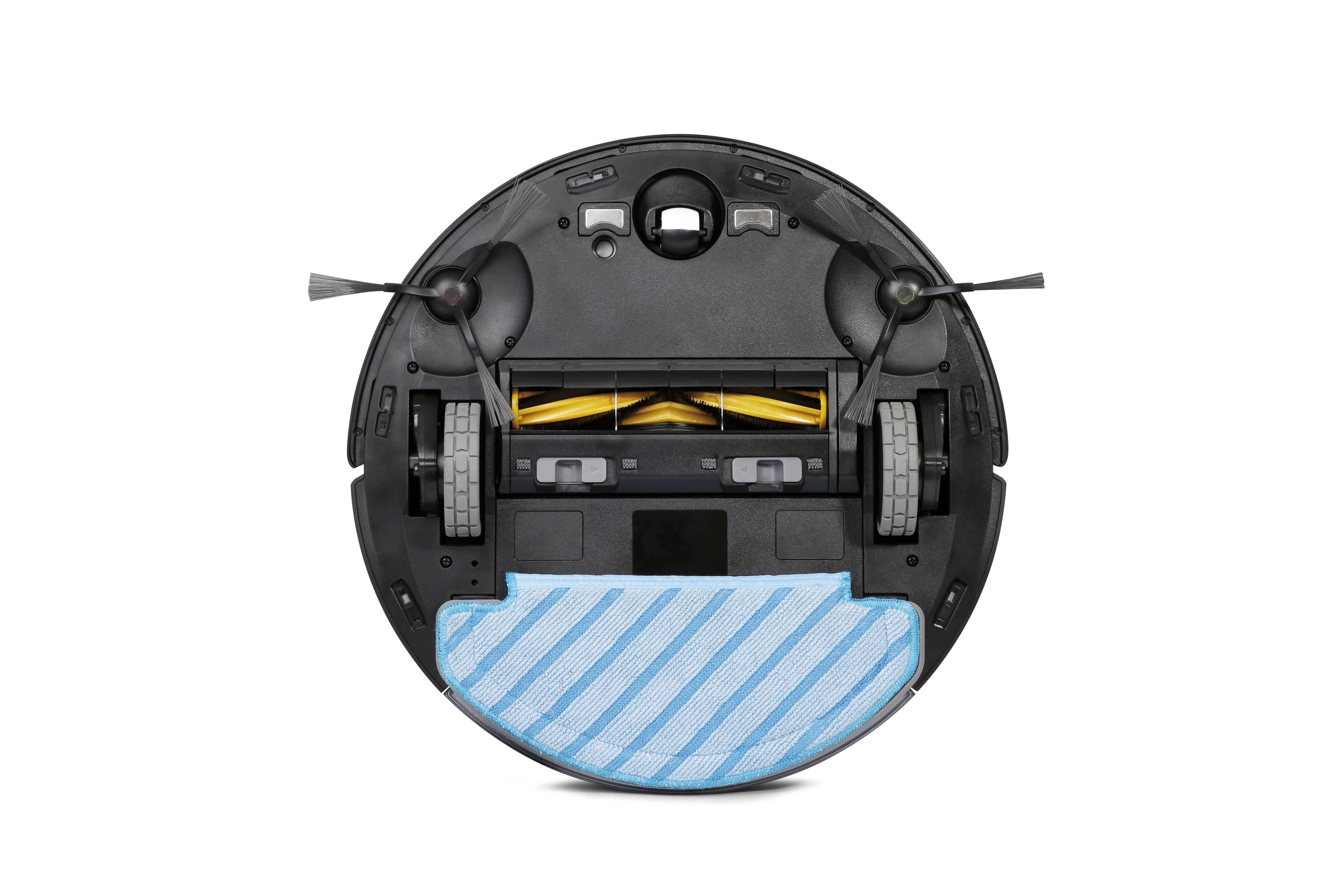 Roboter-Staubsauger, Unteransicht. Merkmale Räder, Bürsten und ein blaues Reinigungspad.