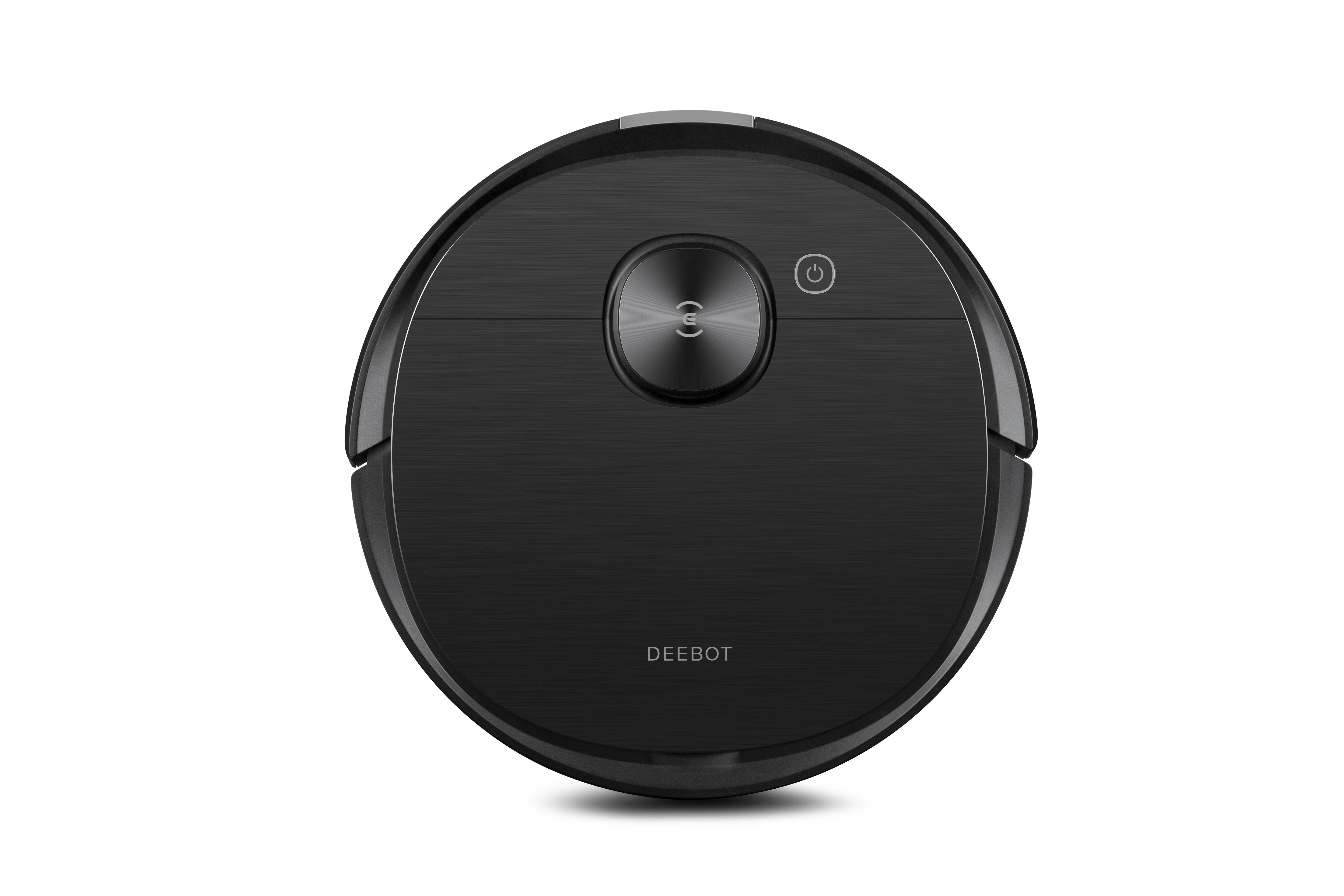 Schwarzer DEEBOT Roboter-Staubsauger auf weißem Hintergrund, Draufsicht.