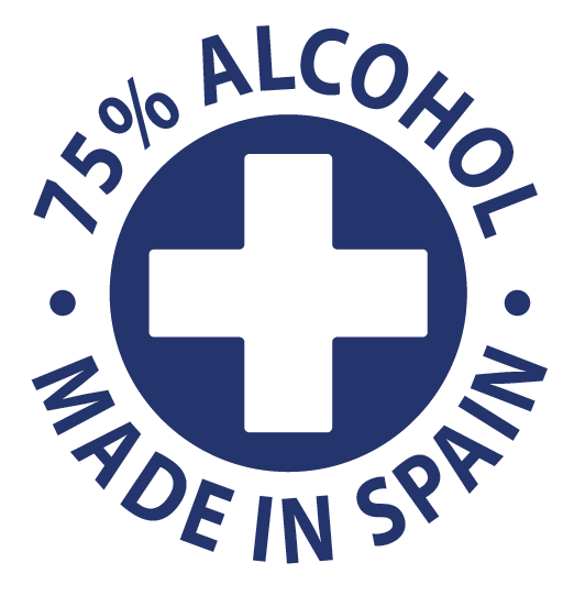 Una cruz blanca en un círculo azul con el texto '75% ALCOHOL MADE IN SPAIN'.