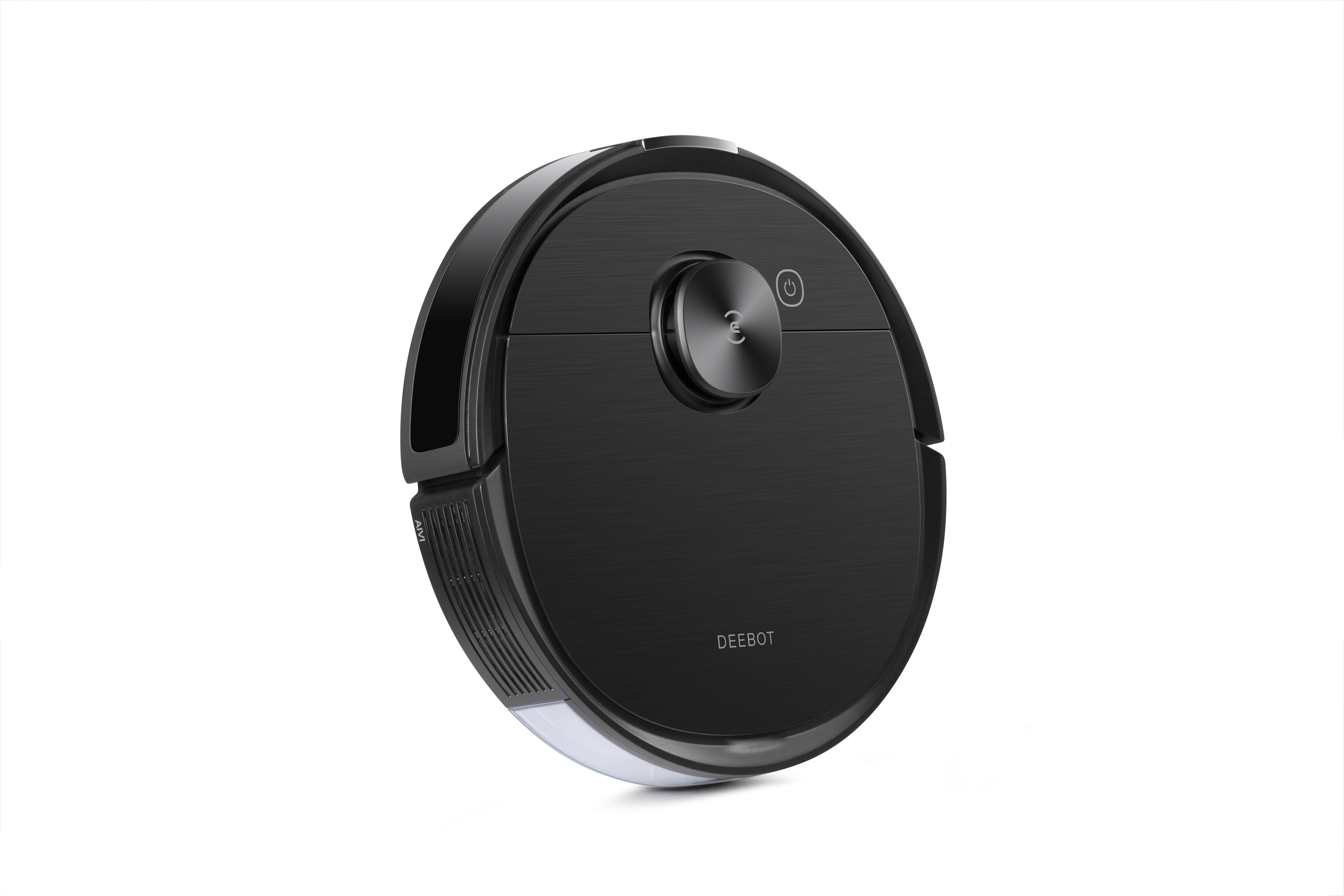 Schwarzer DEEBOT-Roboterstaubsauger auf weißem Hintergrund, Seitenansicht.