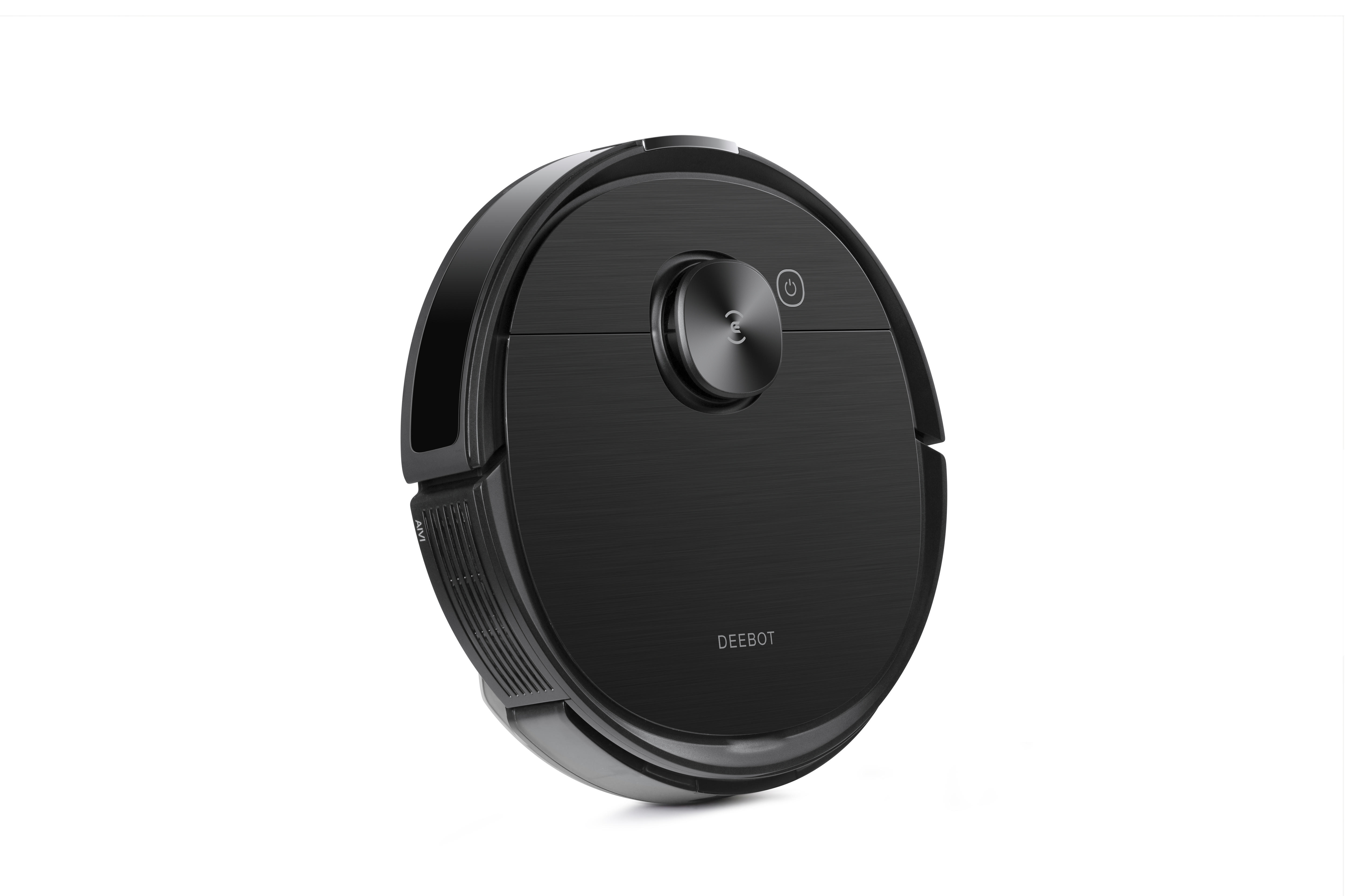 Schwarzer Roboter-Staubsauger auf weißem Hintergrund. Er hat einen Power-Knopf.