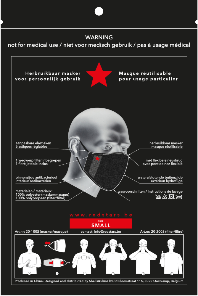 Verpakking voor een herbruikbaar gezichtsmasker. Bevat instructies, een rode ster en tekst.