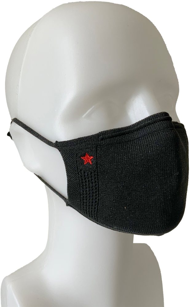 Een zwart gezichtsmasker met een rode ster. Het staat op een witte mannequinhoofd.