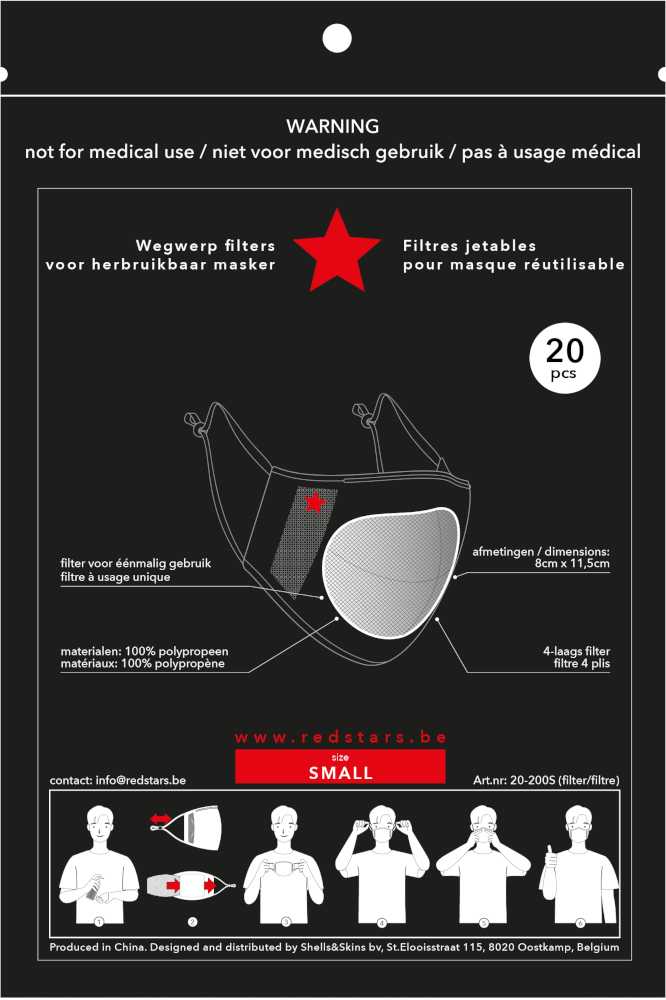 Un emballage de masque avec des instructions. Comprend un masque et un filtre. Texte multilingue.