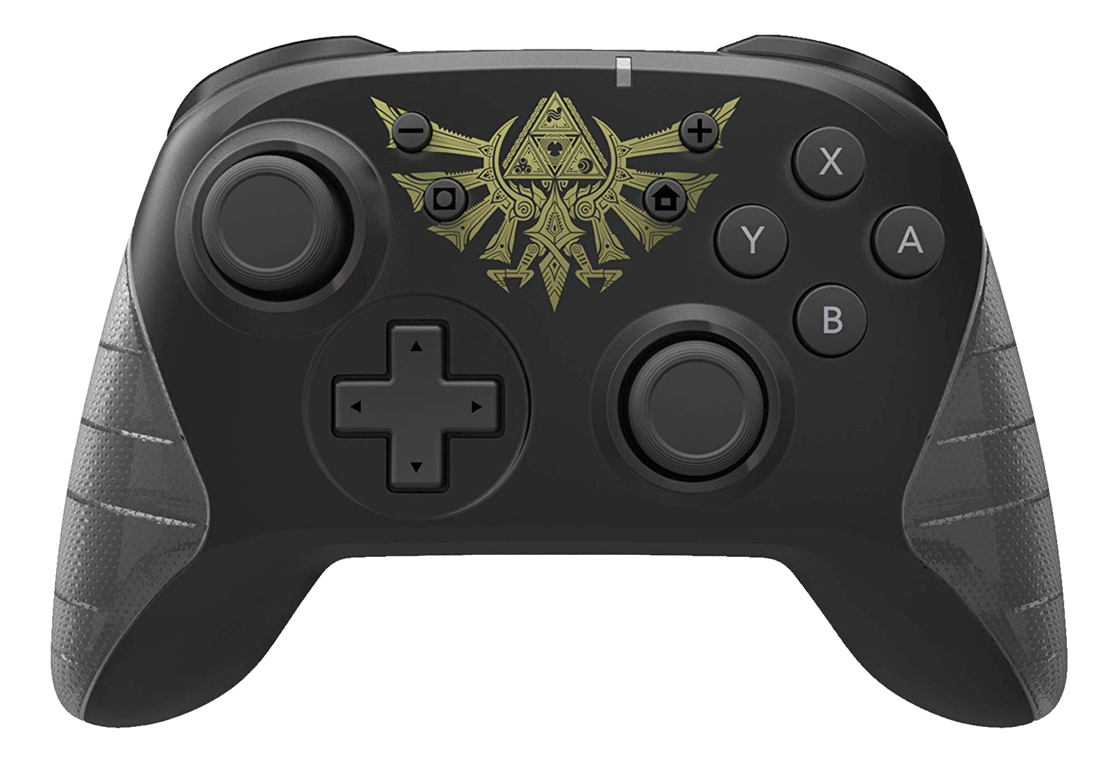 Schwarzer Nintendo Switch Controller mit goldenem Zelda-Symbol.