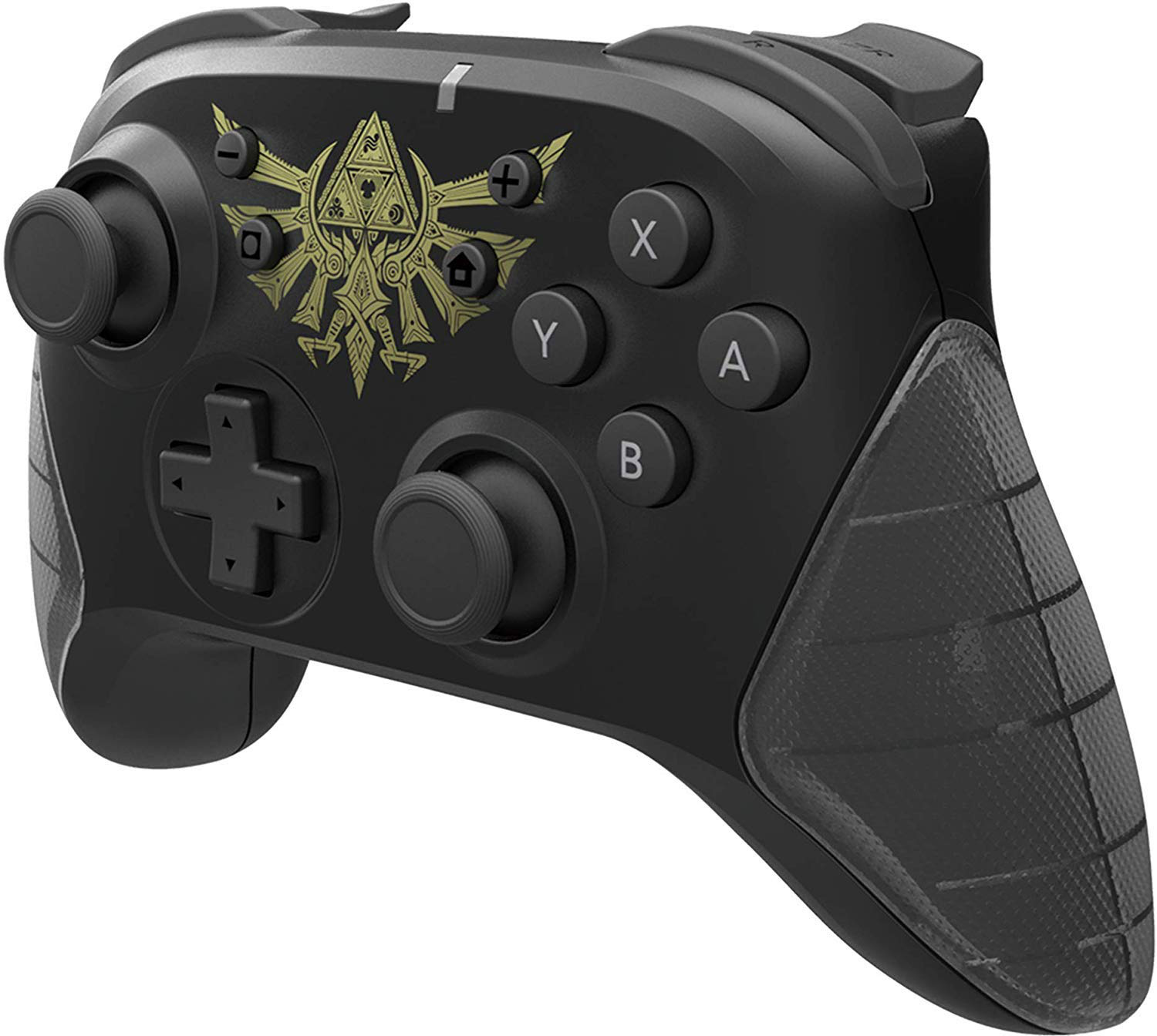 Schwarzer Nintendo Switch Controller mit Zelda-Design, goldenen Akzenten und strukturierten Griffen.