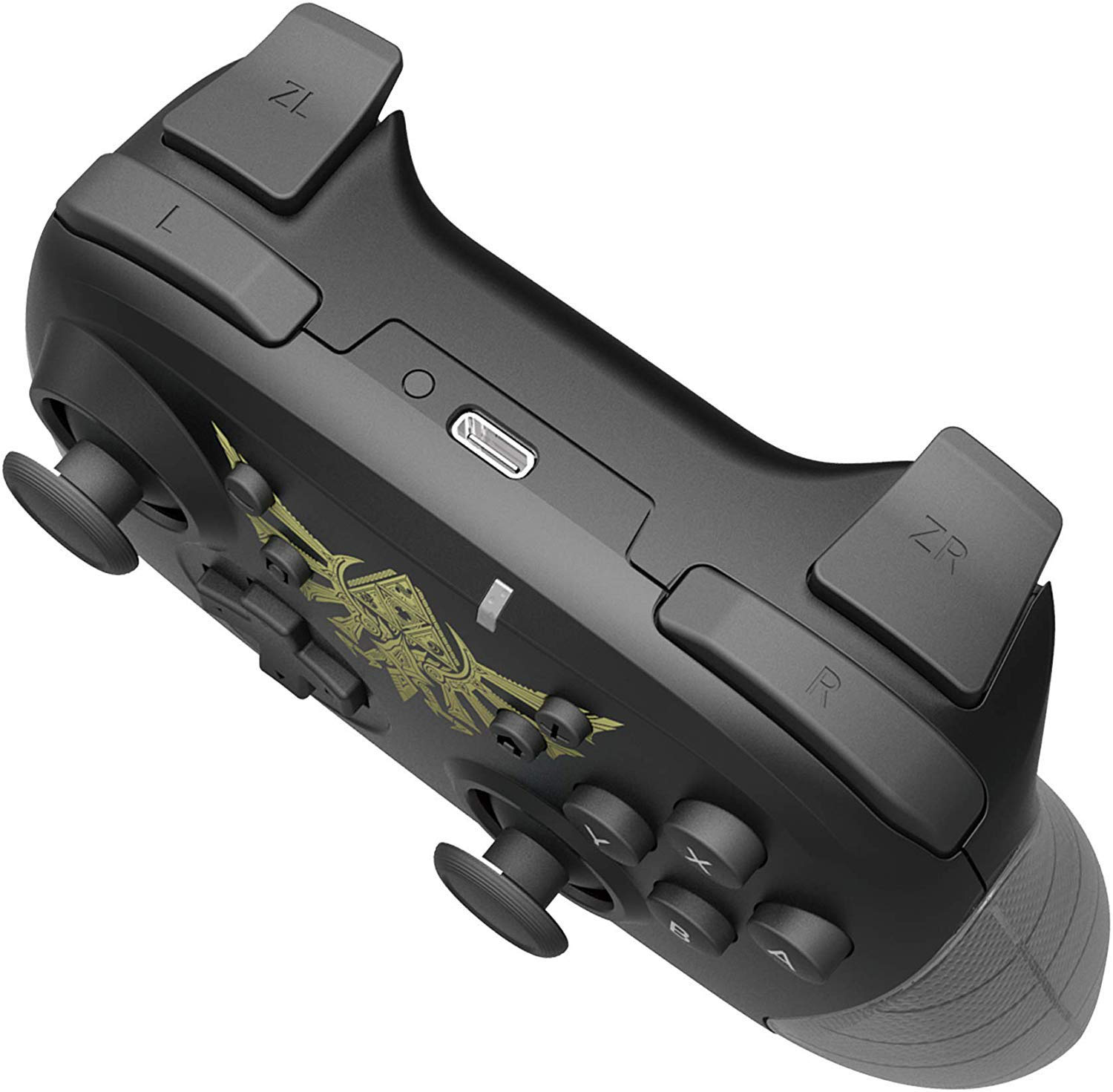 Schwarzer Gamecontroller mit Knöpfen, Triggern und goldenem Design.