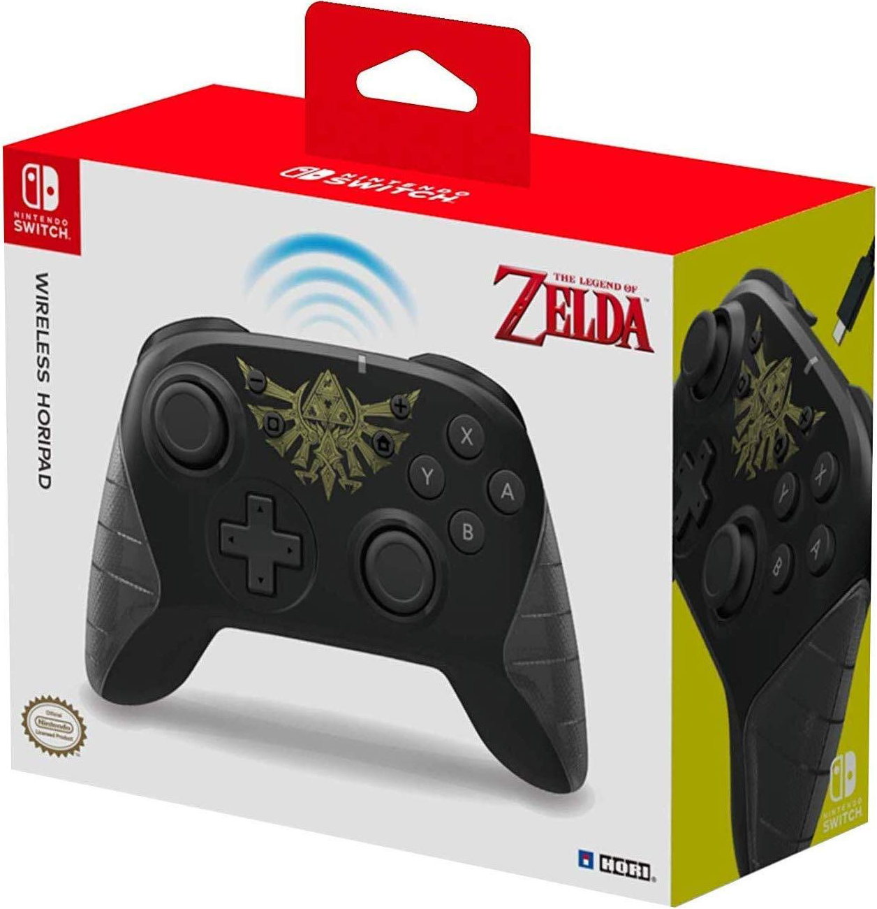 Eine schwarze Nintendo Switch Controllerbox. Mit Zelda-Logo und Controller-Bild. Rote Box.