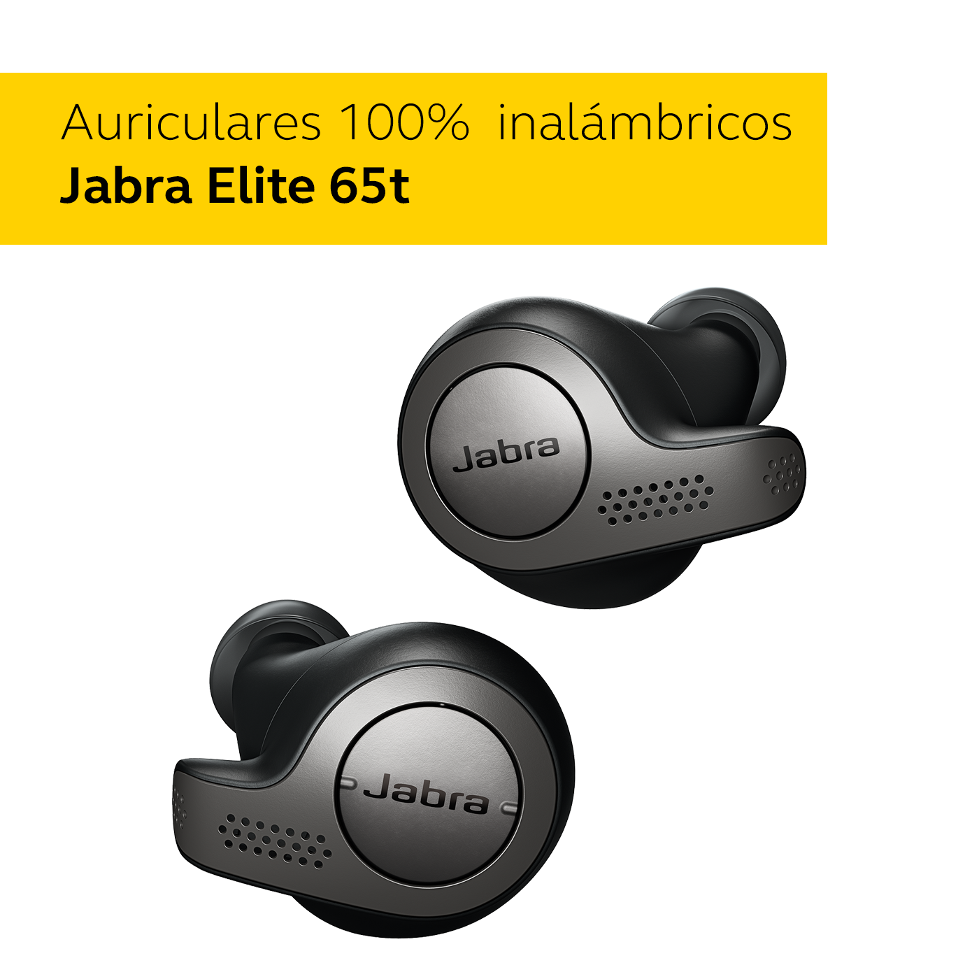Dos auriculares inalámbricos Jabra Elite 65t. Diseño plateado con fondo blanco.